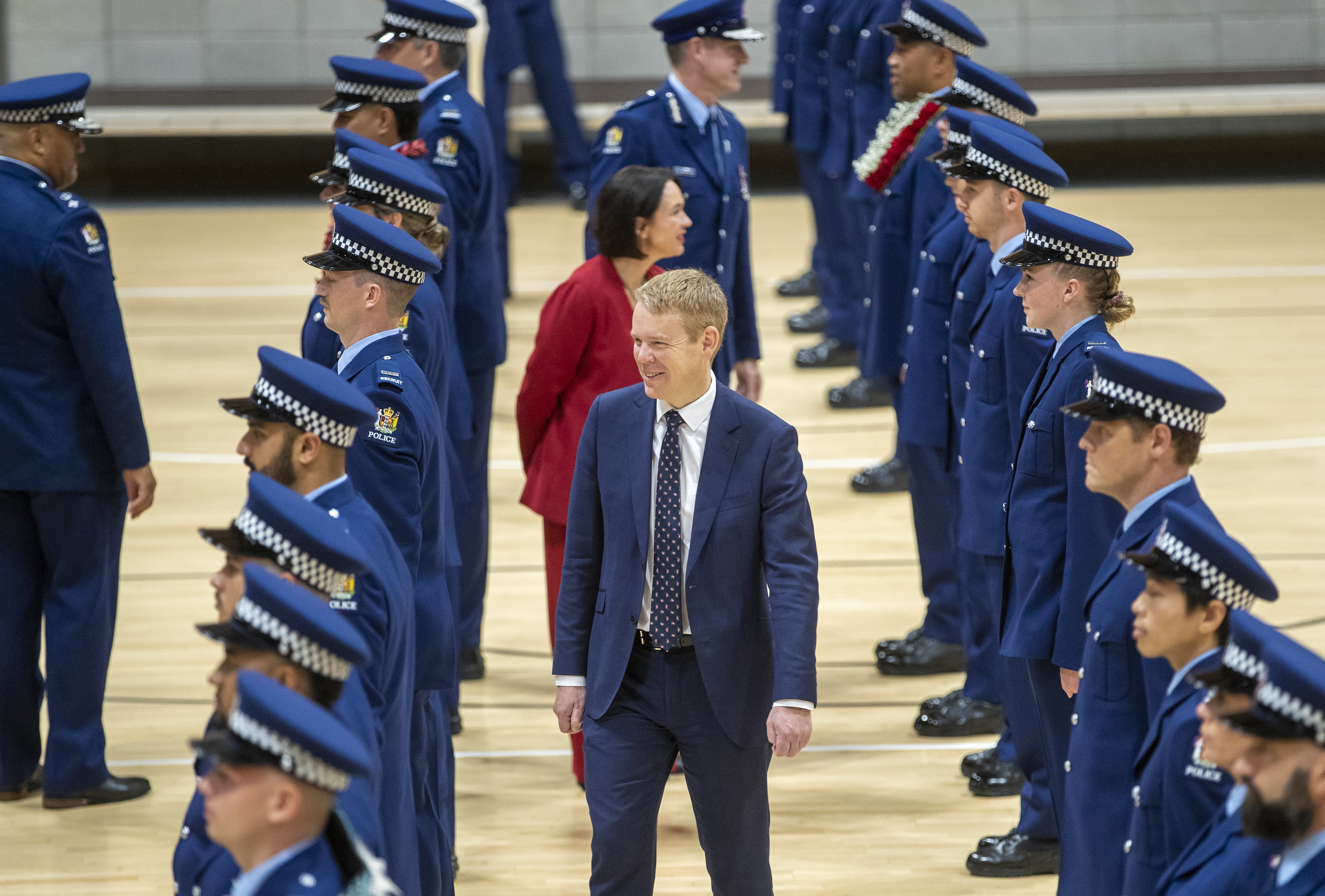 Prime Minister Chris Hipkins inspecting constables Wing 36631 constable with Police Minister Ginny Andersen and Police Commissioner Andrew Coster during their graduation ceremony in Porirua in June, 2023. Photo / Mark Mitchell