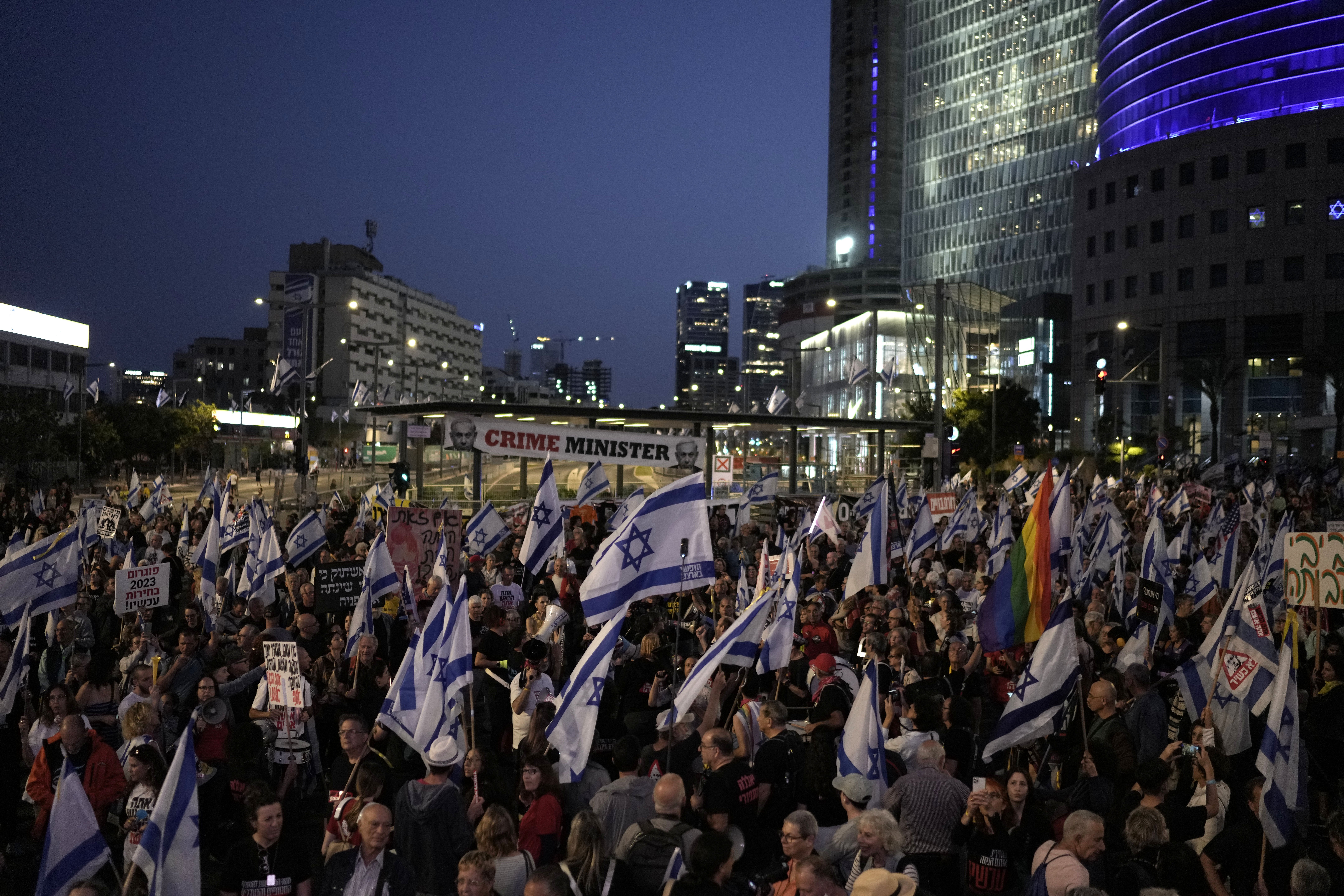 People protest against Israeli Prime Minister Benjamin Netanyahu's government and call for the release of hostages in Tel Aviv, Israel. Photo / AP 