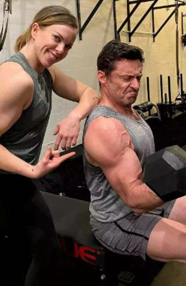Hugh Jackman, with trainer Beth Lewis, has been hitting the gym hard. Photo / Instagram