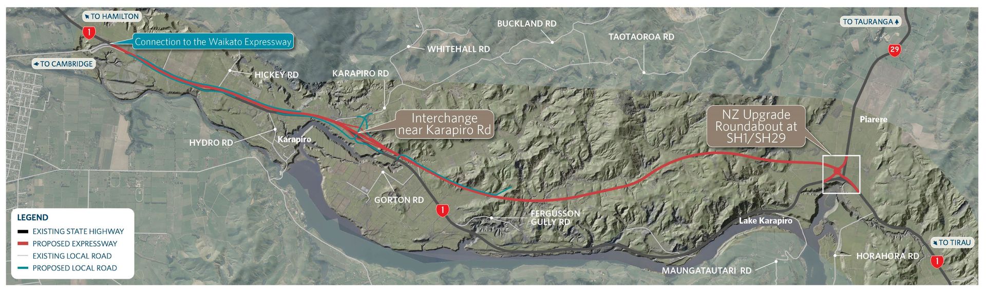 The proposed route map for the Waikato Expressway extension from Cambridge to Piarere. Image / Waka Kotahi