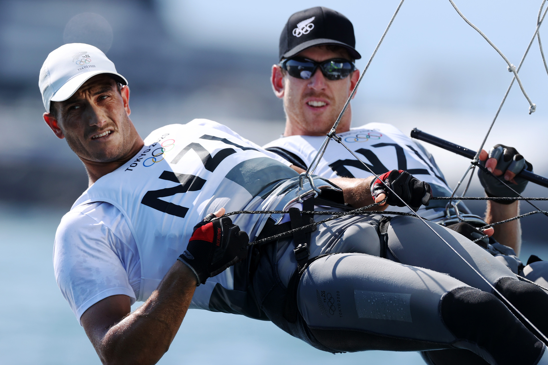 Peter Burling (black cap) and Blair Tuke, of Team New Zealand, practise in the Men's Skiff - 49er class during sailing the Tokyo 2020 Olympic Games. Photo / Getty Images