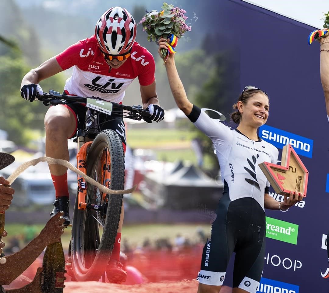 Overall winner Ronja Blochlinger (left) and New Zealand's Sammie Maxwell on the podium for the under-23 short track MTB World Cup series.