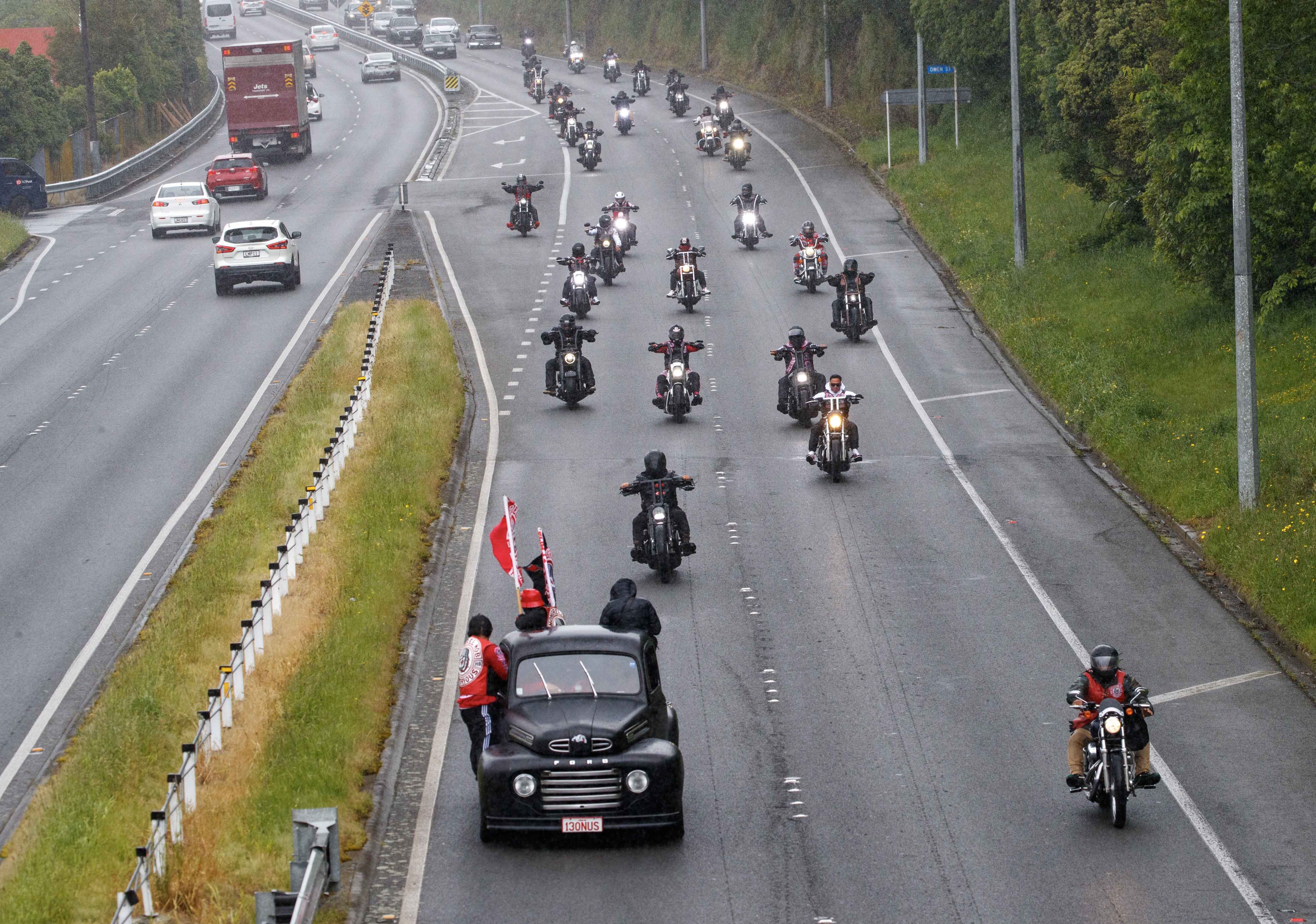A Mongrel Mob funeral procession last month.