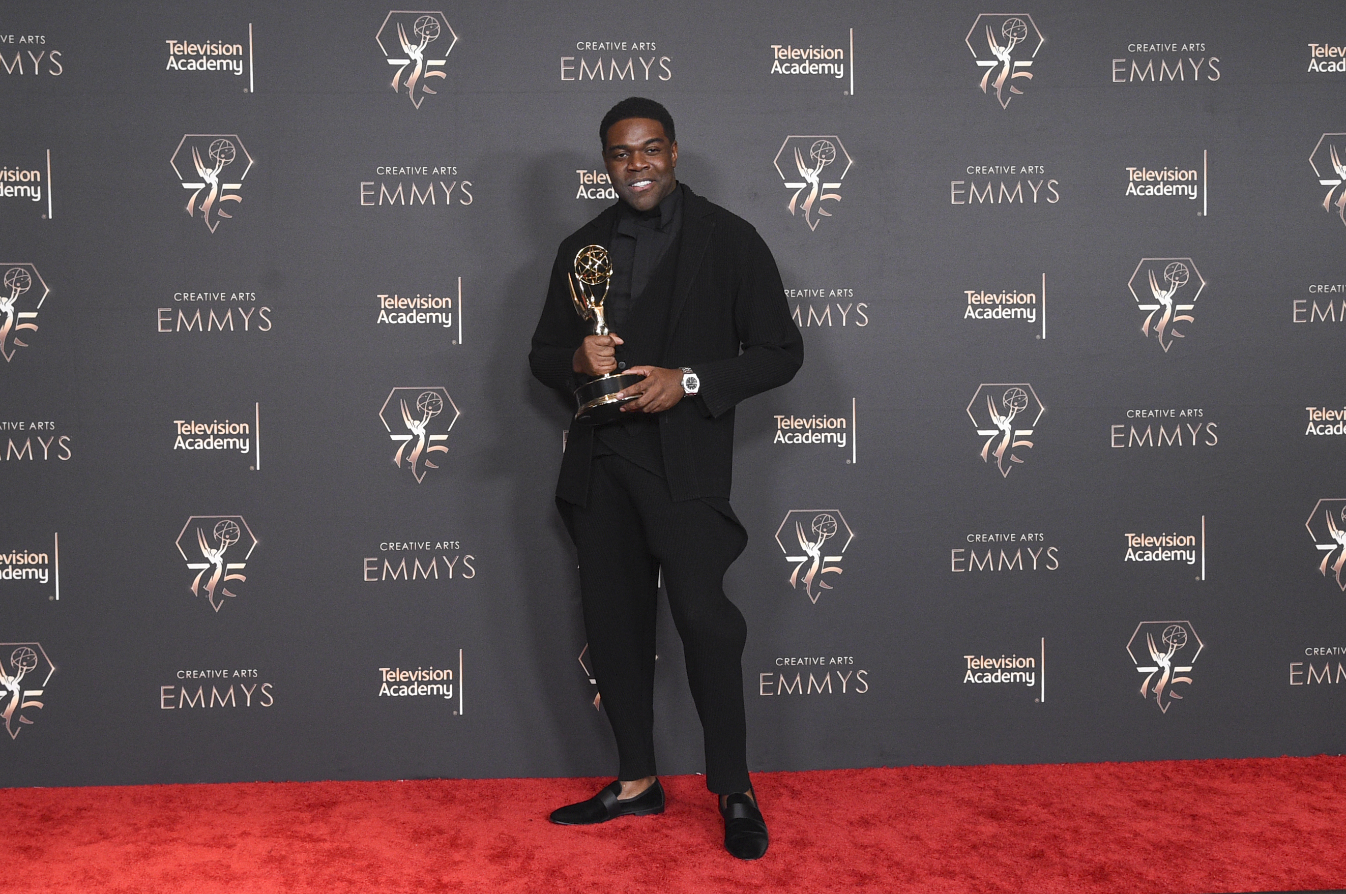Sam Richardson poses in the press room with the award for Outstanding Guest Actor in a Comedy Series for Ted Lasso. Photo / Invision / AP