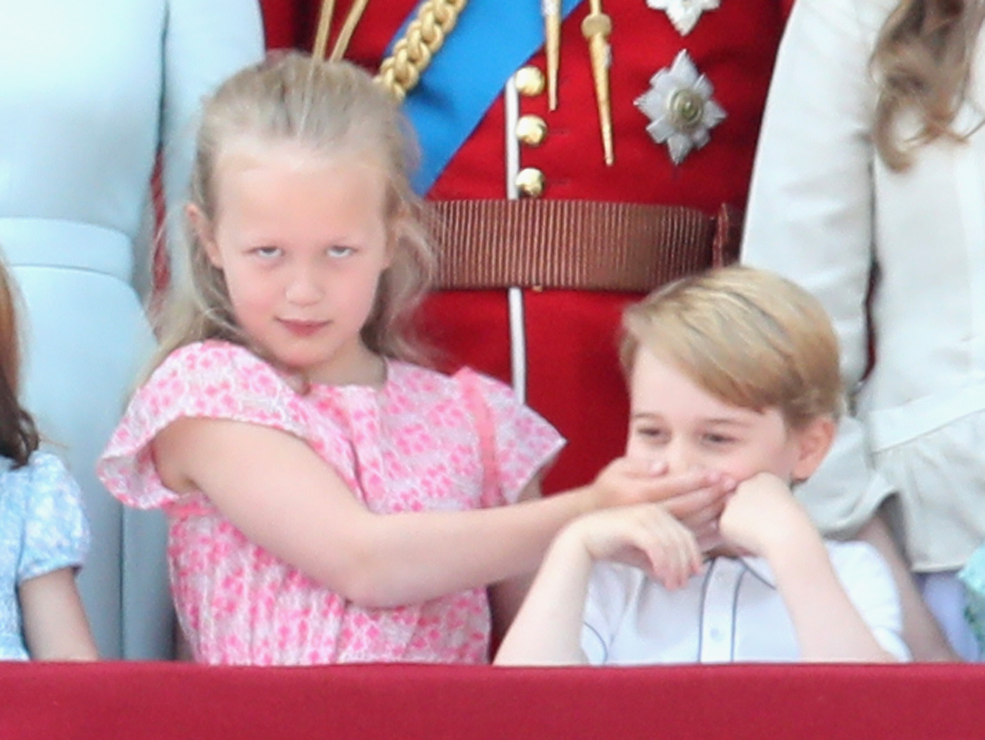 Savannah Phillips shushes Prince George of Cambridge and glares at the cameras. Photo / Getty Images