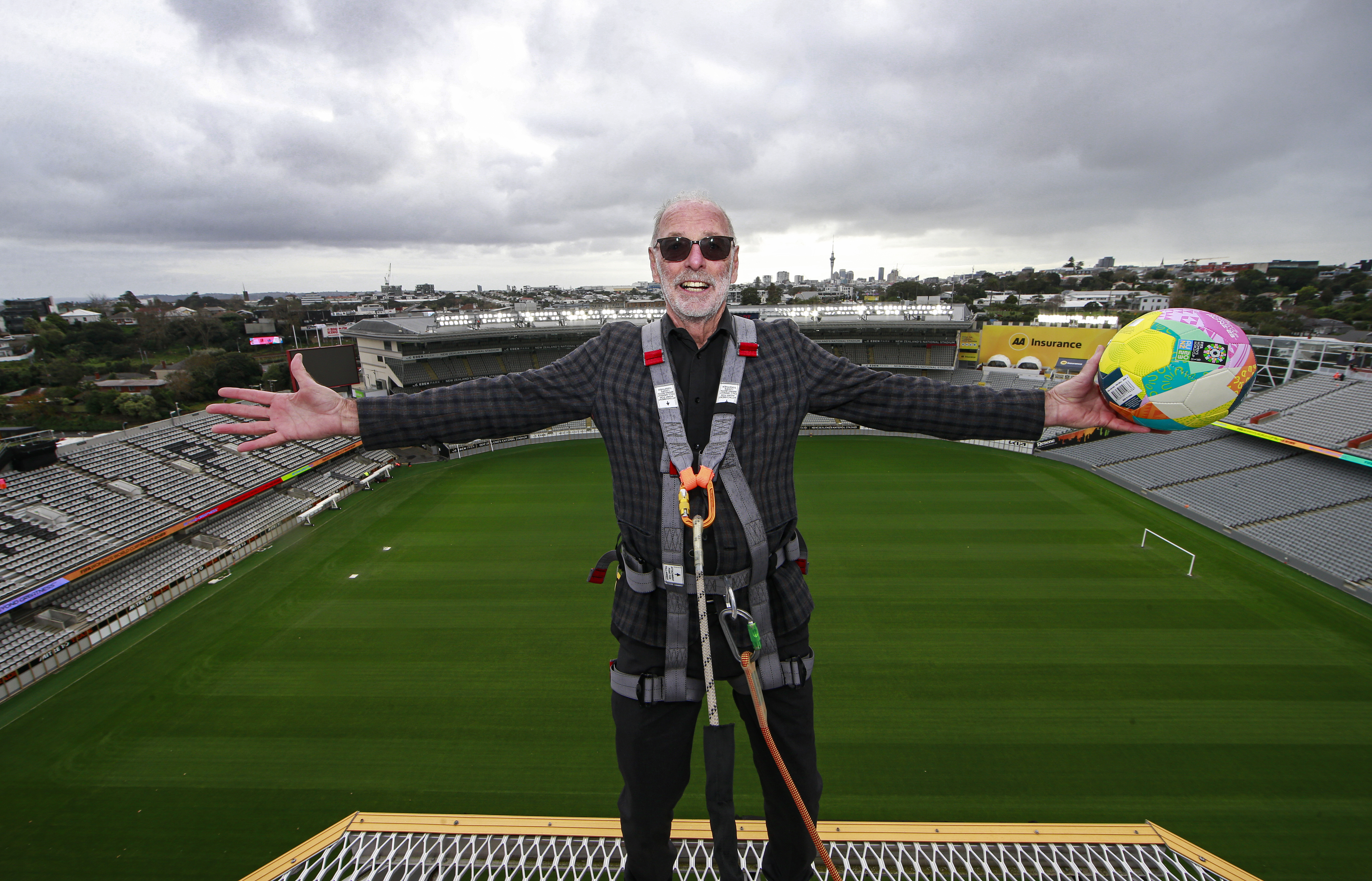 Mayor Wayne Brown on the top of Eden Park to promote the Fifa Women's World Cup. Photo / Alex Burton