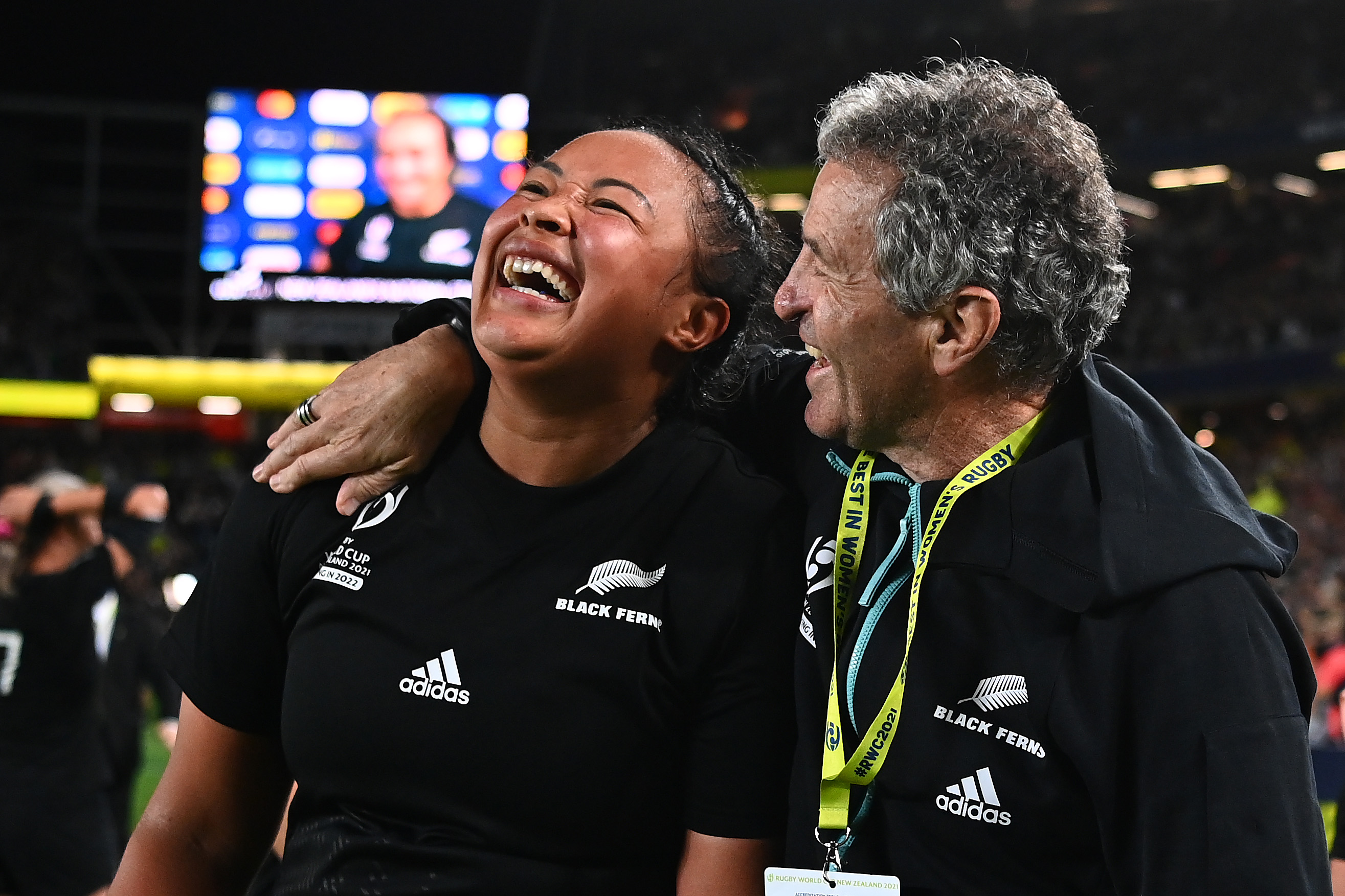 Joanah Ngan-Woo and Wayne Smith celebrate after winning the Rugby World Cup final in Auckland. Photo / Getty Images