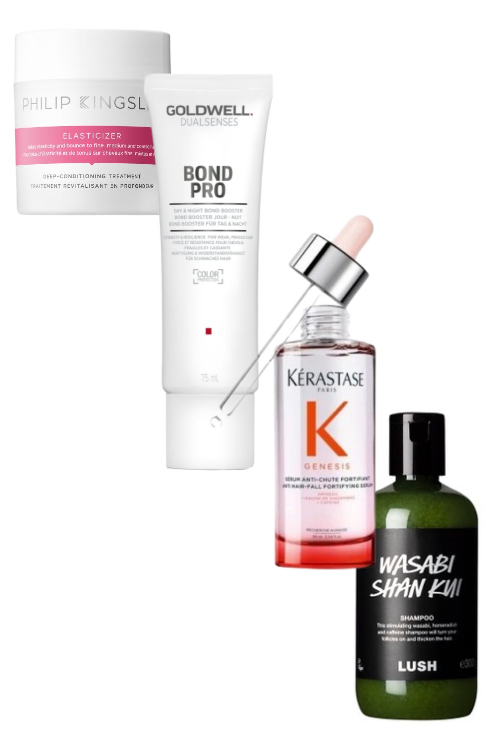 From left to right: Philip Kingsley Elasticizer, $81; Goldwell Dualsenses Bond Pro Day & Night Bond Booster, $32; Kérastase Genesis Serum Anti-Chute Fortifiant, $94; Lush Wasabi Shan Kui Shampoo, $20. Photos / Supplied