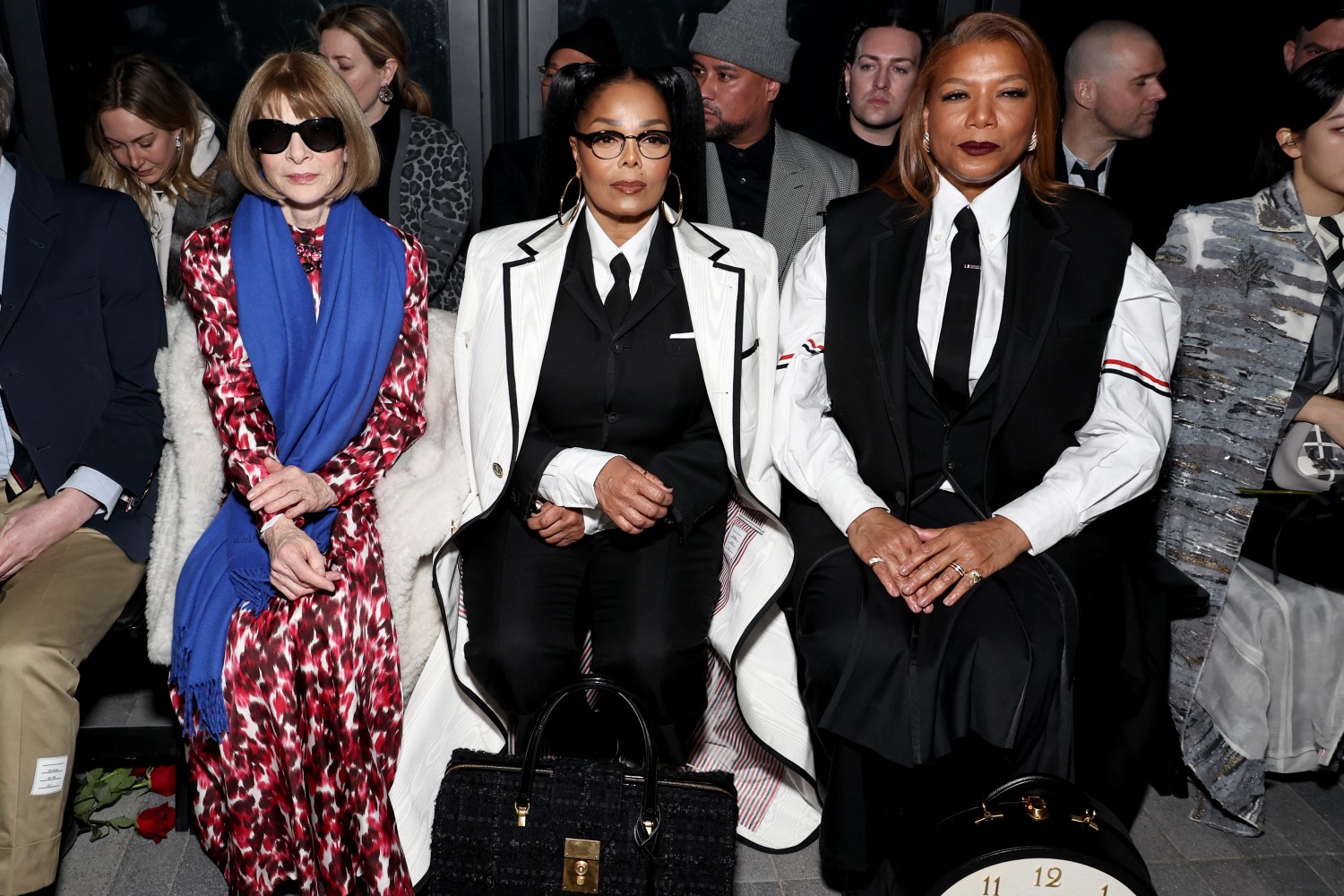 Anna Wintour, Janet Jackson and Queen Latifah sit front row at Thom Browne's New York Fashion Week show on. Photo / Jamie McCarthy, Getty Images