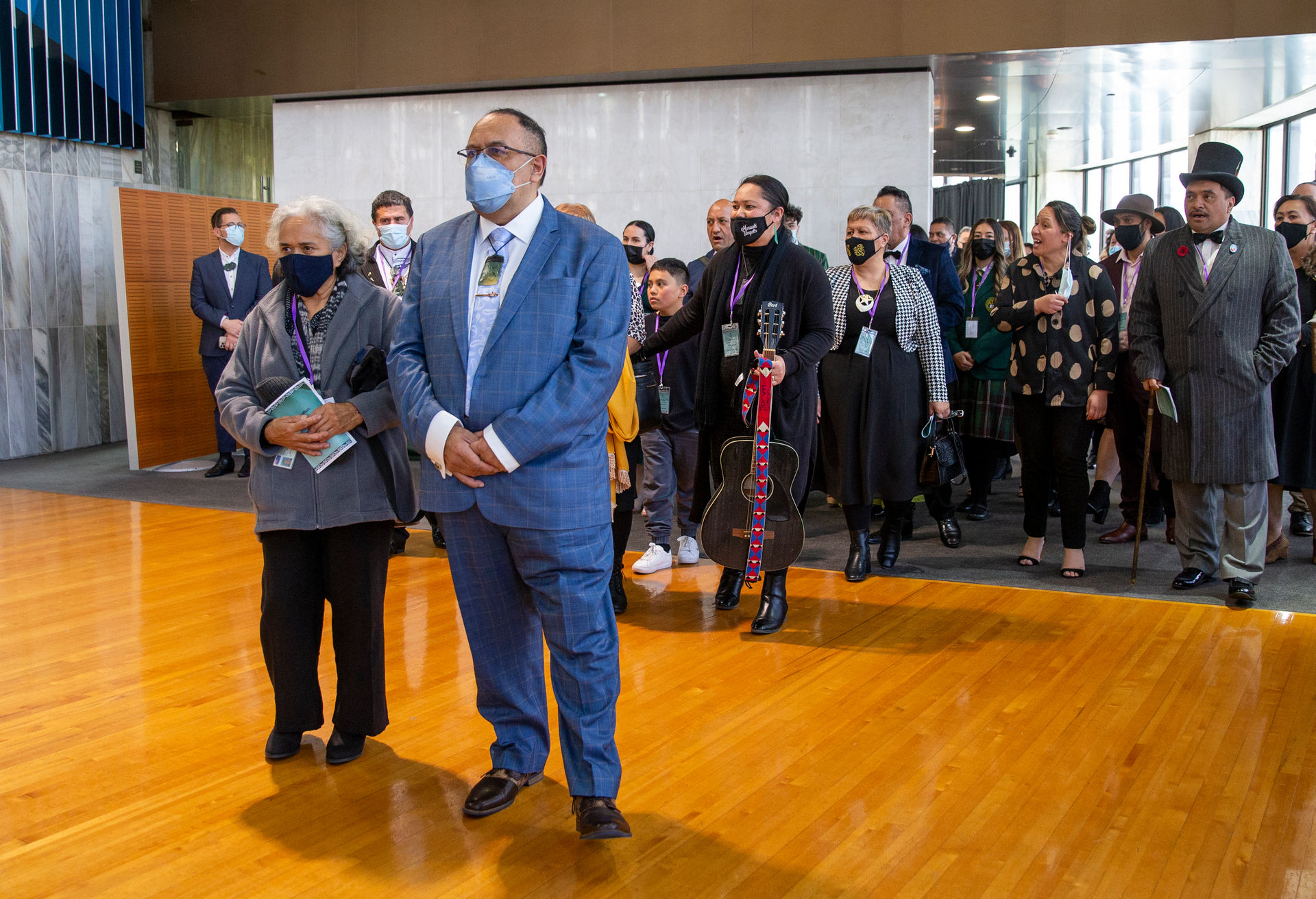 Speaker-to-be Adrian Rurawhe leading friends and whānau into the Banquet Hall during his pōwhiri at Parliament. Photo / Mark Mitchell