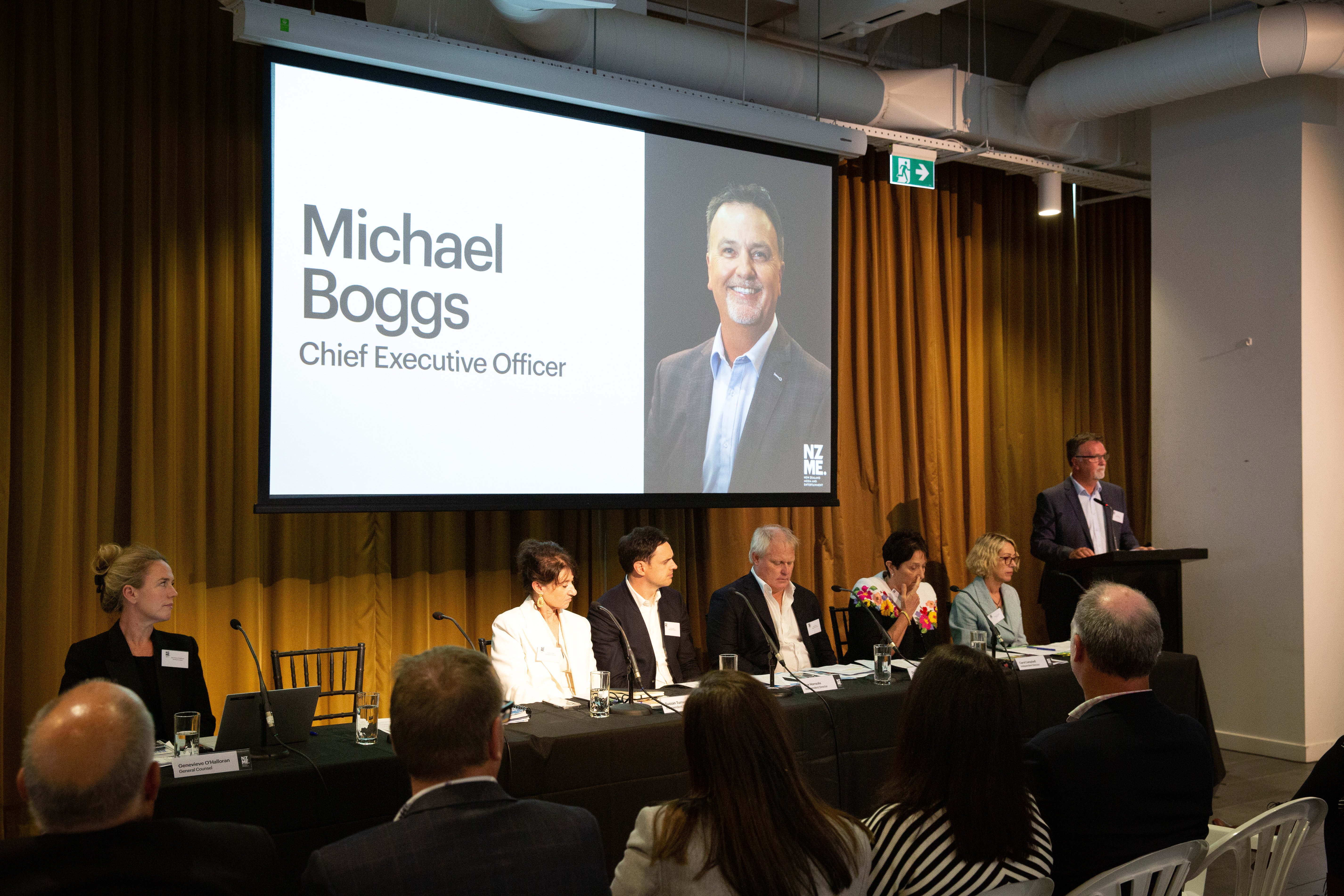 NZME CEO Michael Boggs addresses the NZME annual shareholders meeting, with the board alongside. Photo / Sylvie Whinray