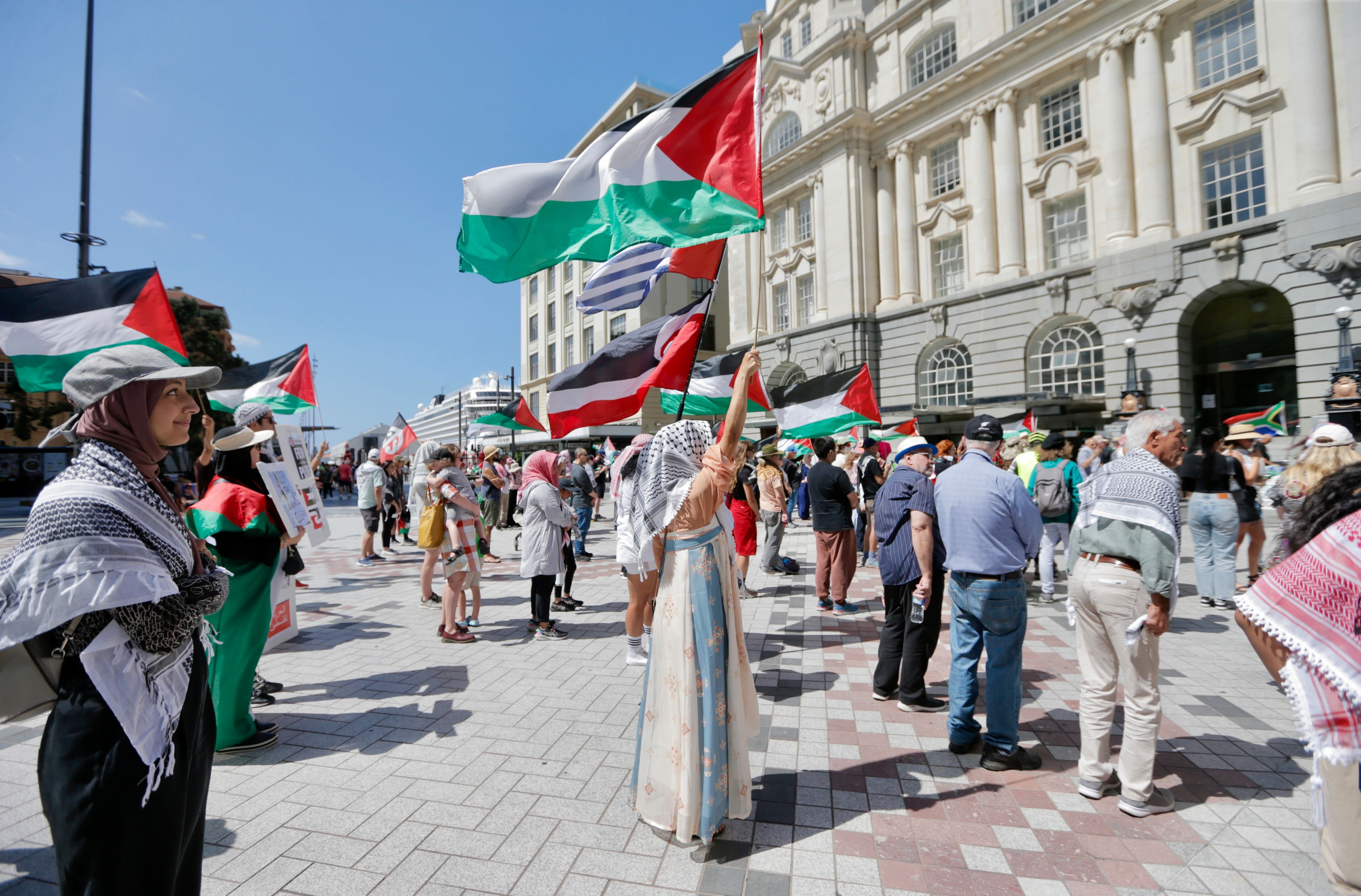 People gathered to wave flags to protest the situation in Gaza outside the Britomart train station in Auckland. Photo / Alex Burton
