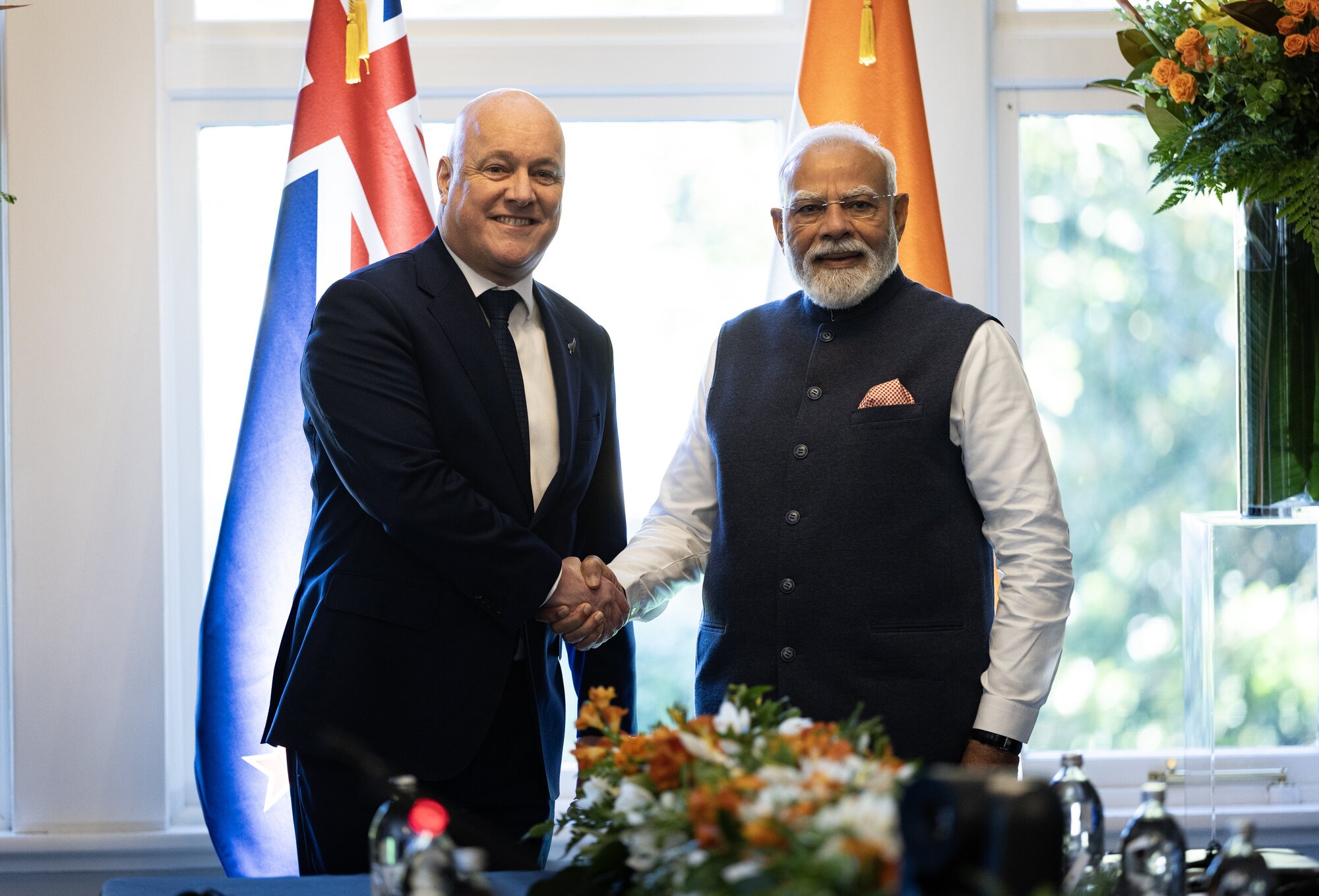 New Zealand Prime Minister Christopher Luxon and Indian Prime Minister Narendra Modi at Government House in Auckland. Photo / Dean Purcell
