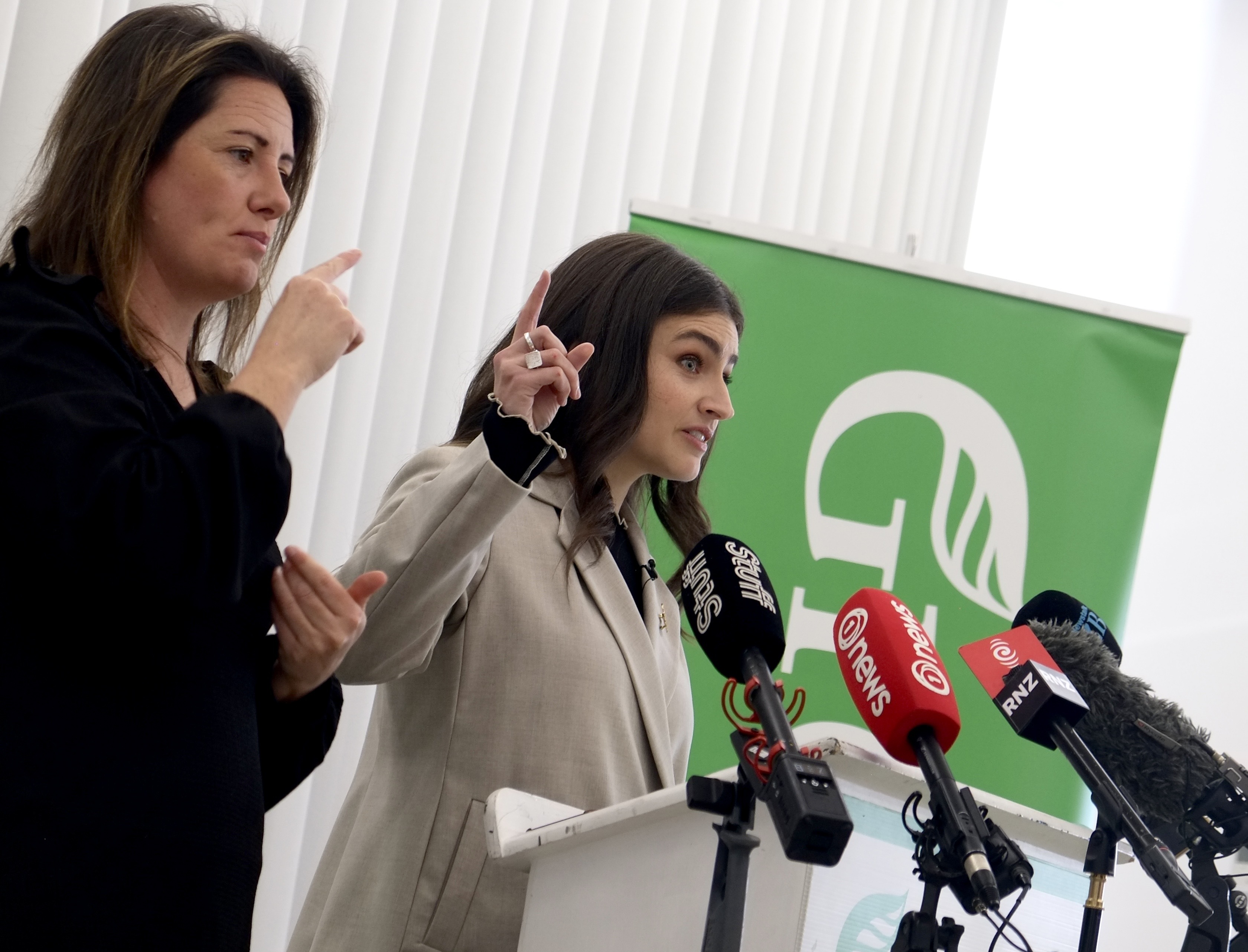 Green Party co-leader Chloe Swarbrick speaking in Auckland today. Photo / Alex Robertson