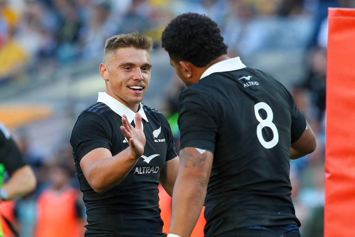 Ardie Savea celebrates with Cortez Ratima after scoring against the Wallabies in Sydney. Photo / Photosport