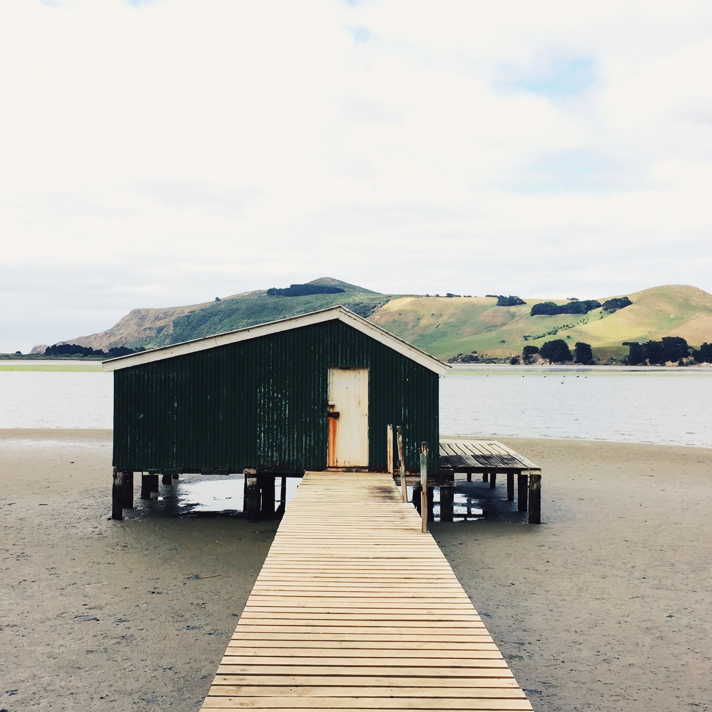 A boat house at low tide on the Otago Peninsula. Photo / NZ Herald