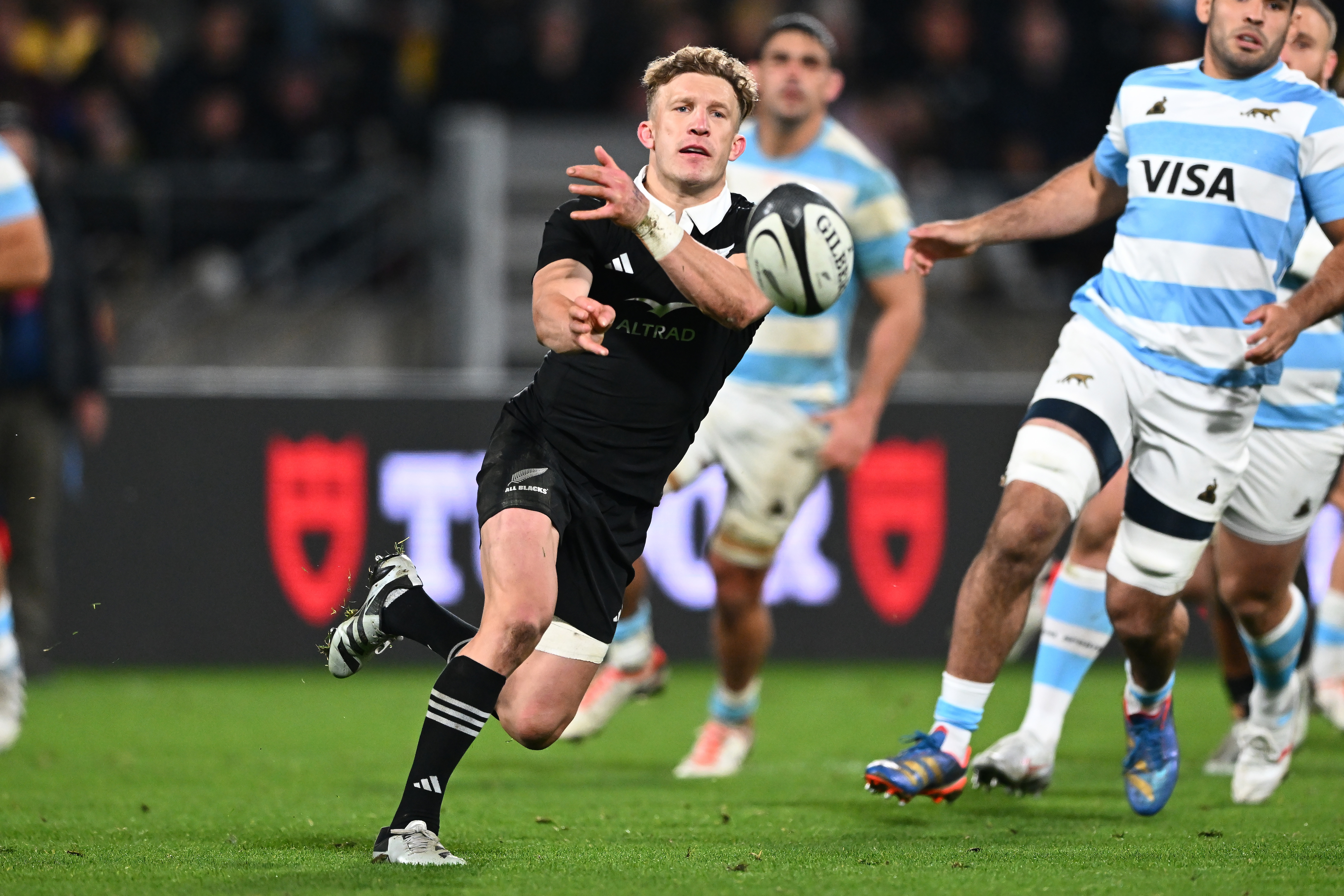 Damian McKenzie passes the ball during the All Blacks encounter with Argentina at Sky Stadium in Wellington last week. Photo / Photosport