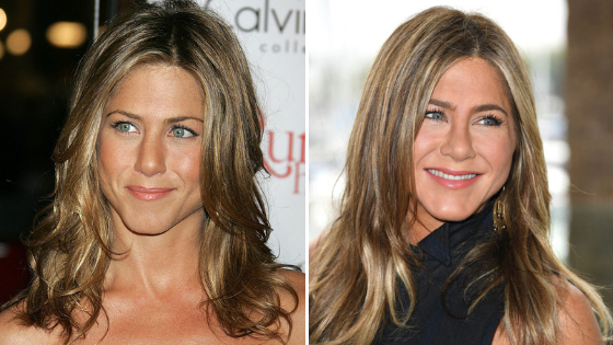 Jennifer Aniston in 2005 and 2019. Photo / Getty Images