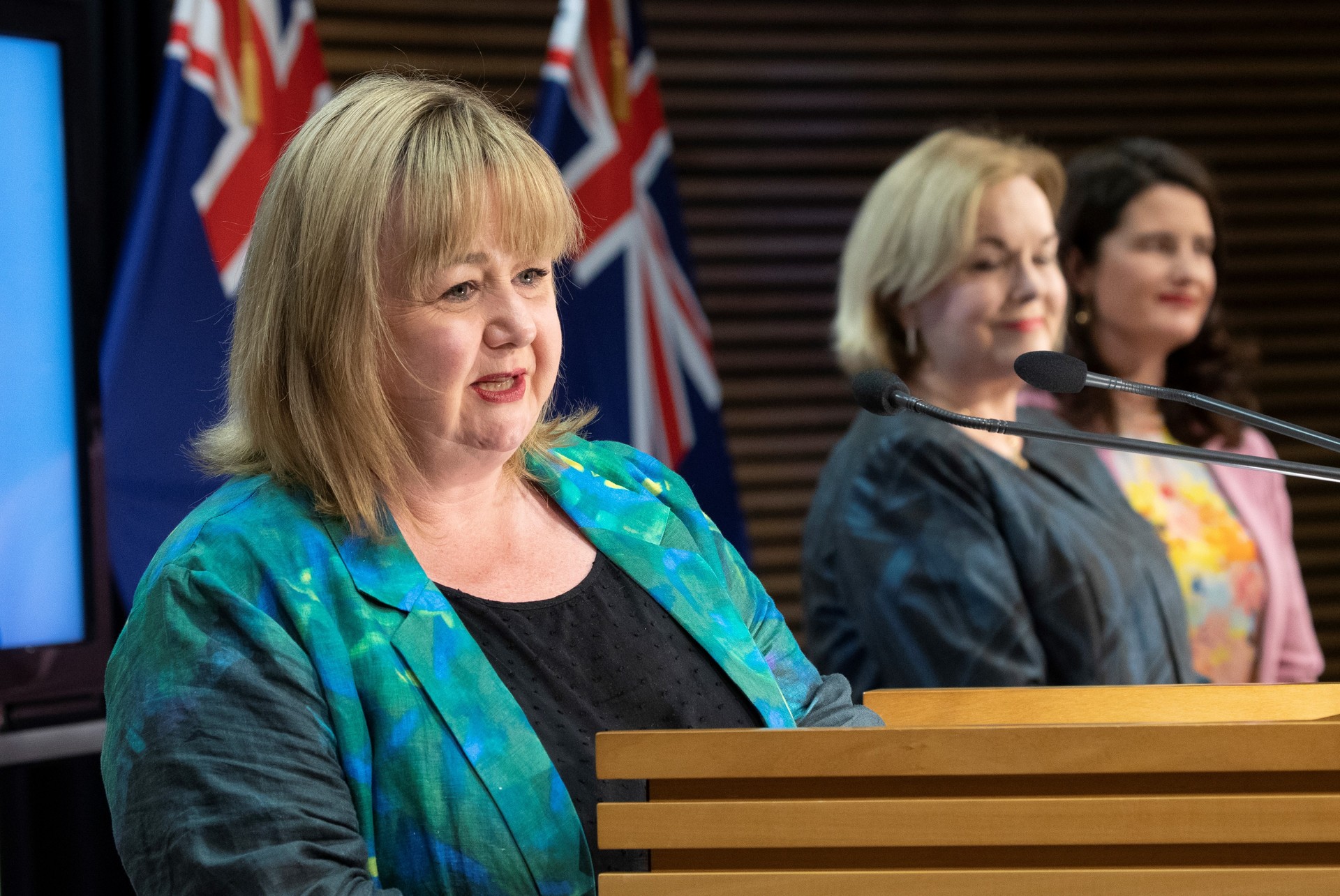 Housing Minister Megan Woods, left, announcing the housing accord with then-leader of the National Party, Judith Collins, and National's housing spokesperson Nicola Willis. Photo / Mark Mitchell, File