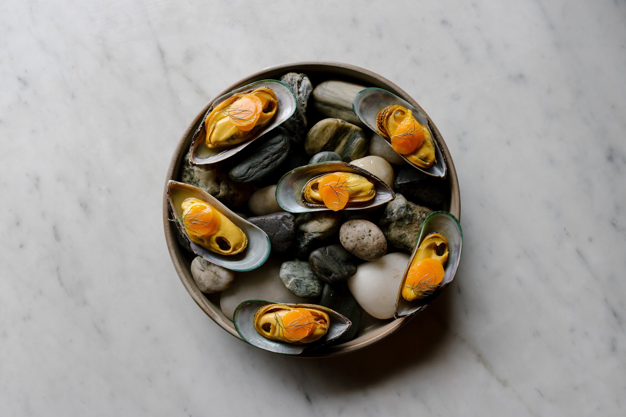 Pickled Stewart Island mussels, carrot and saffron from Sherwood, Queenstown.