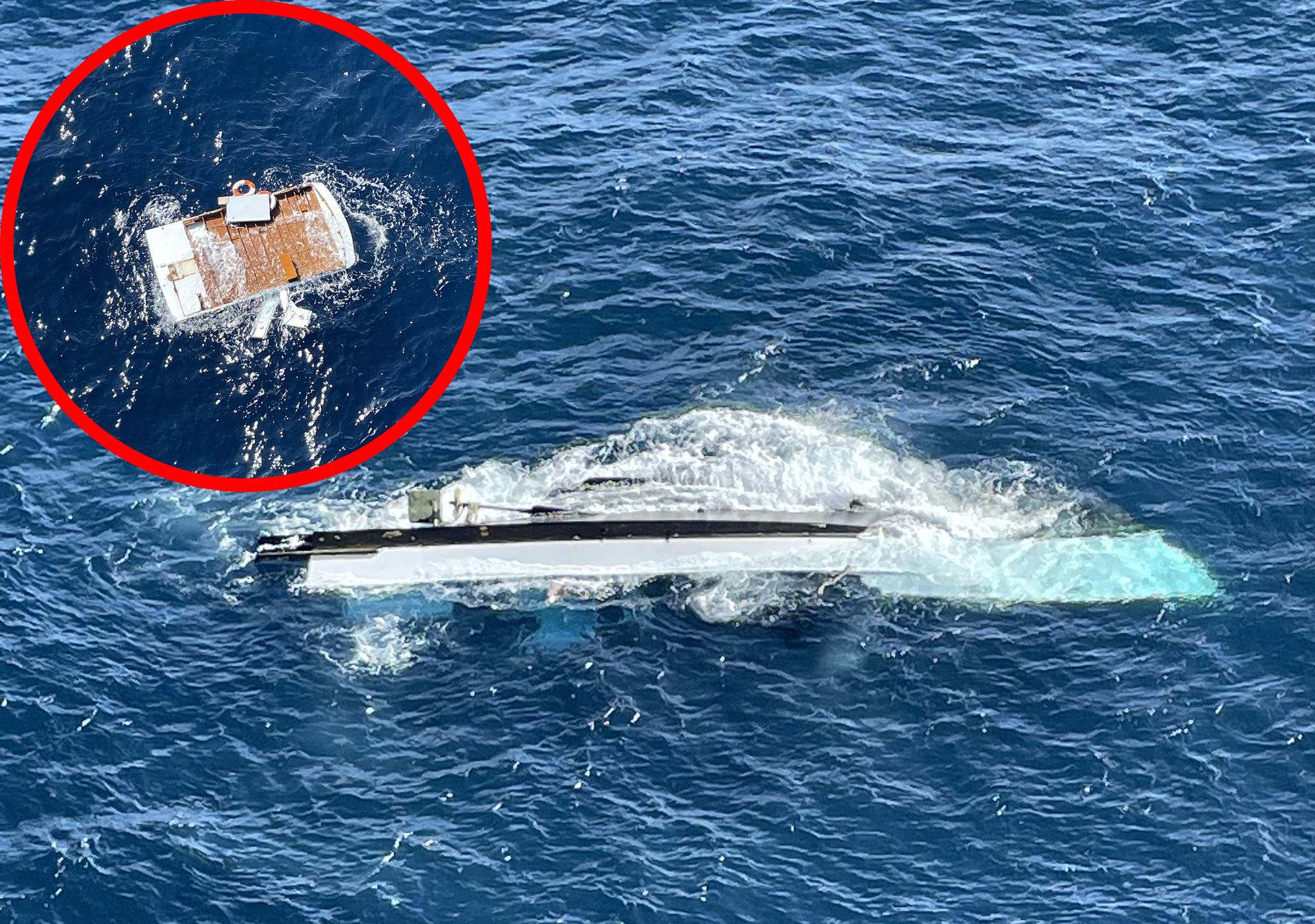 The vessel's bridge (inset) appears to have been broken off by a rogue wave. Photos / Auckland Rescue Helicopter Trust