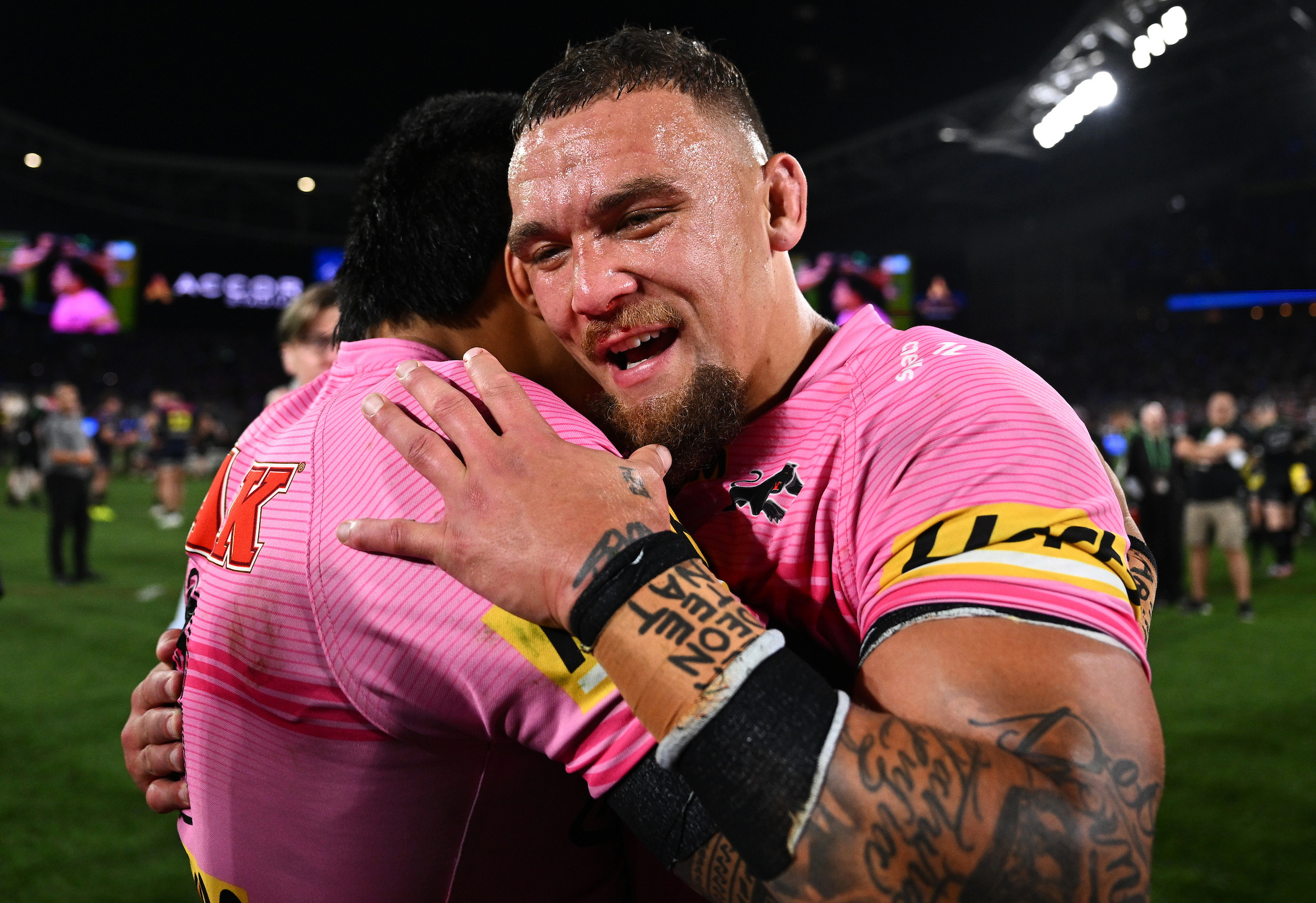 James Fisher-Harris (right) celebrates with Moses Leota, when the pair were team-mates at the Panthers. Photo / Photosport