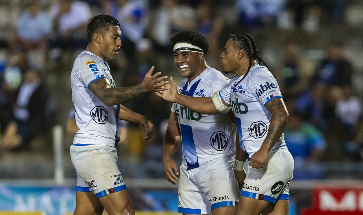 The Blues have recorded an important bonus point win over the Fijian Drua in Suva to move back into the top six on the Super Rugby Pacific ladder. Photo / SmartFrame
