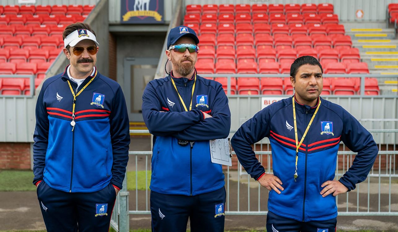 Jason Sudeikis, Brendan Hunt and Nick Mohammed in Ted Lasso. Photo / Supplied