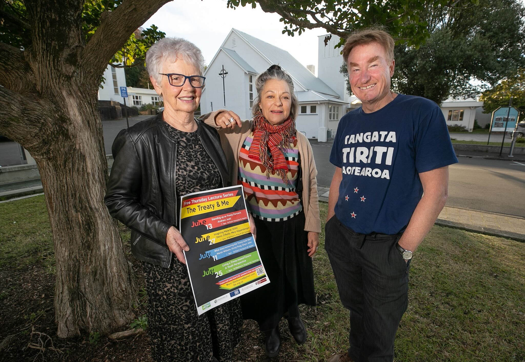 Maxine Boag, left, Ani Tylee and Neill Gordon, who are part of a team organising free Treaty lectures at St Paul’s Church in Napier and St Matthew's in Hastings. Photo / Warren Buckland