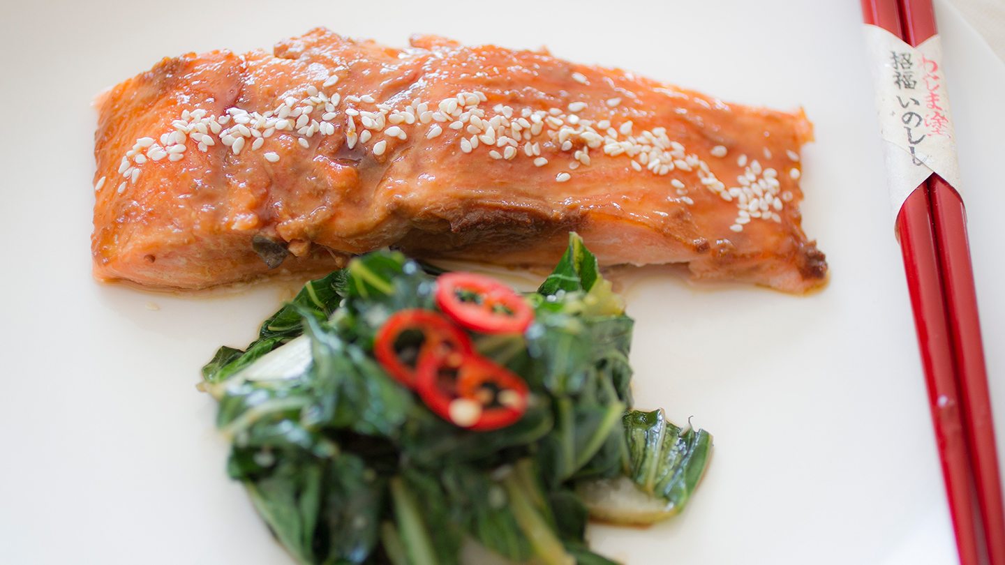 Miso glazed salmon and pak choy-image