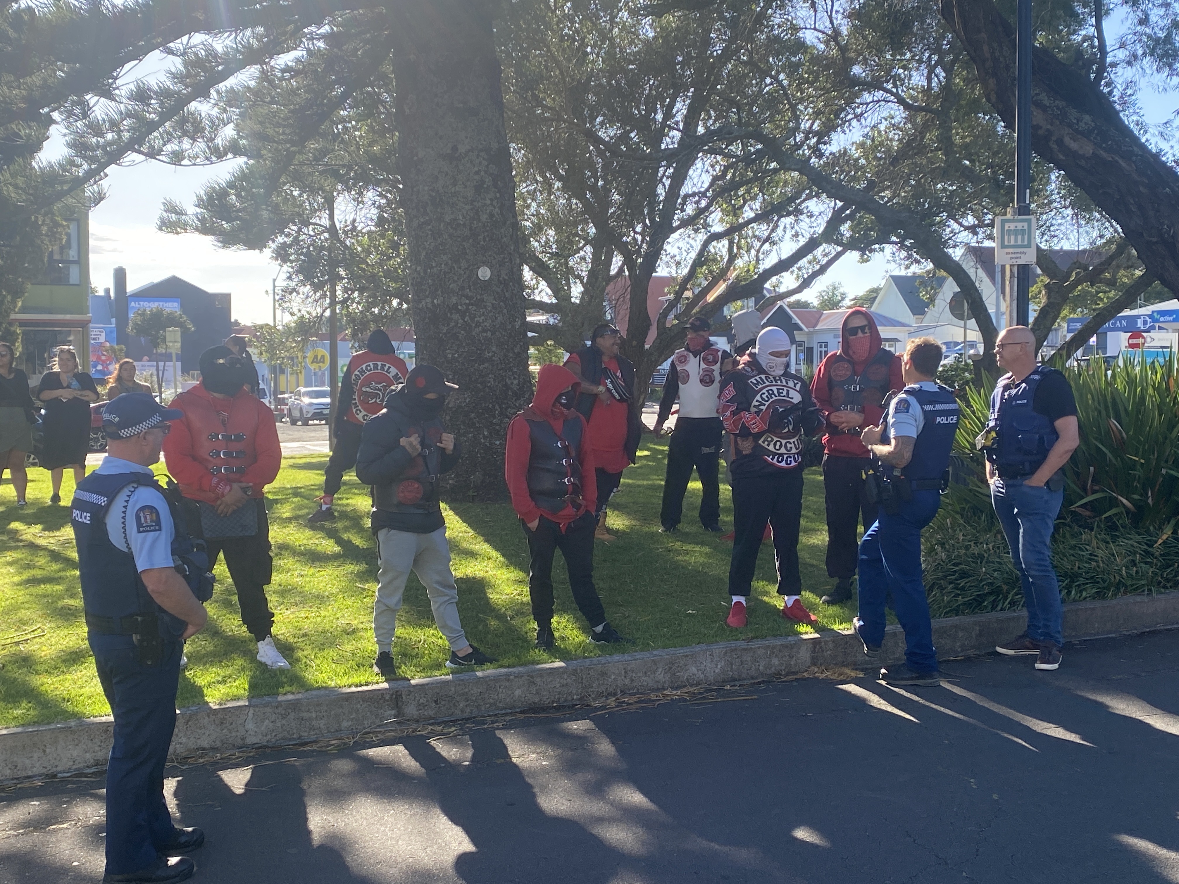 Gang members gathered outside the High Court at New Plymouth for the sentencing of Mongrel Mob West Coast chapter president Turanganui John Ormsby-Turnerl. Photo / Tara Shaskey