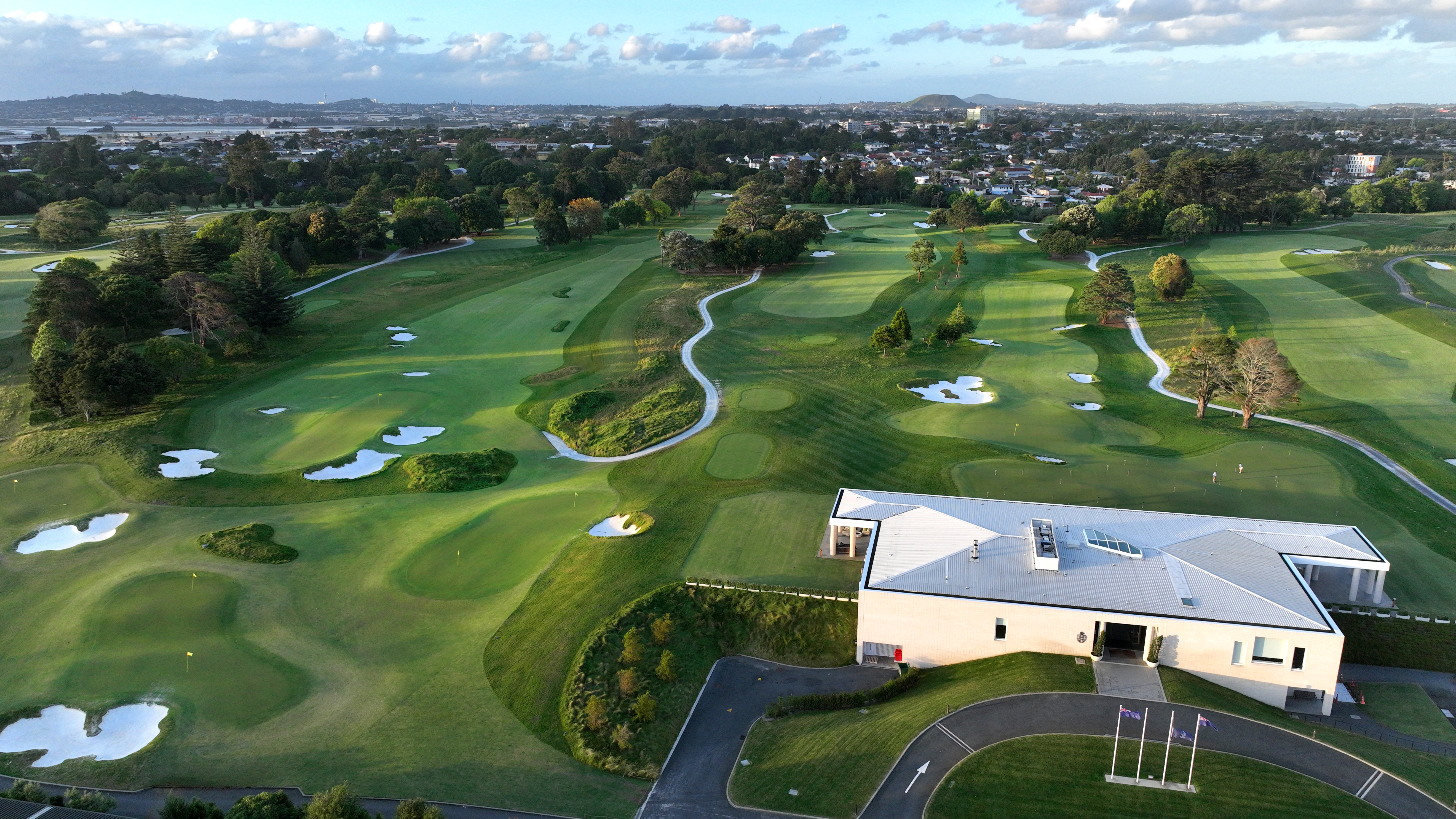 Aerial view of the clubhouse at Royal Auckland and the Grange Golf Club. Photo / Gary Lisbon Photography