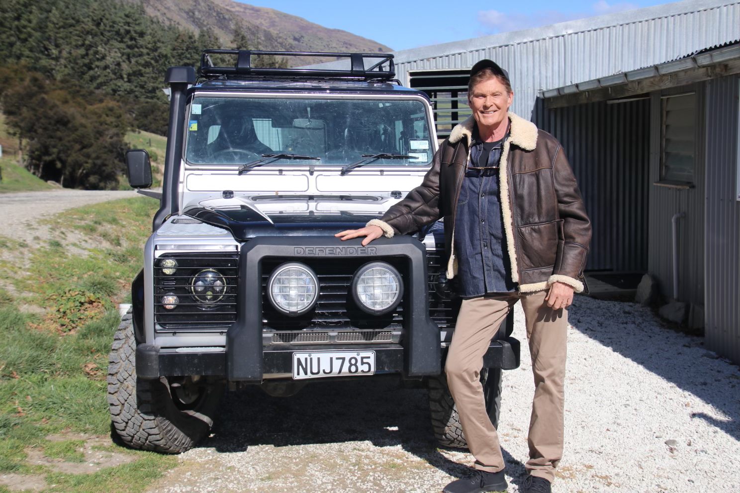 David Hasselhoff and the show's Land Rover Defender.