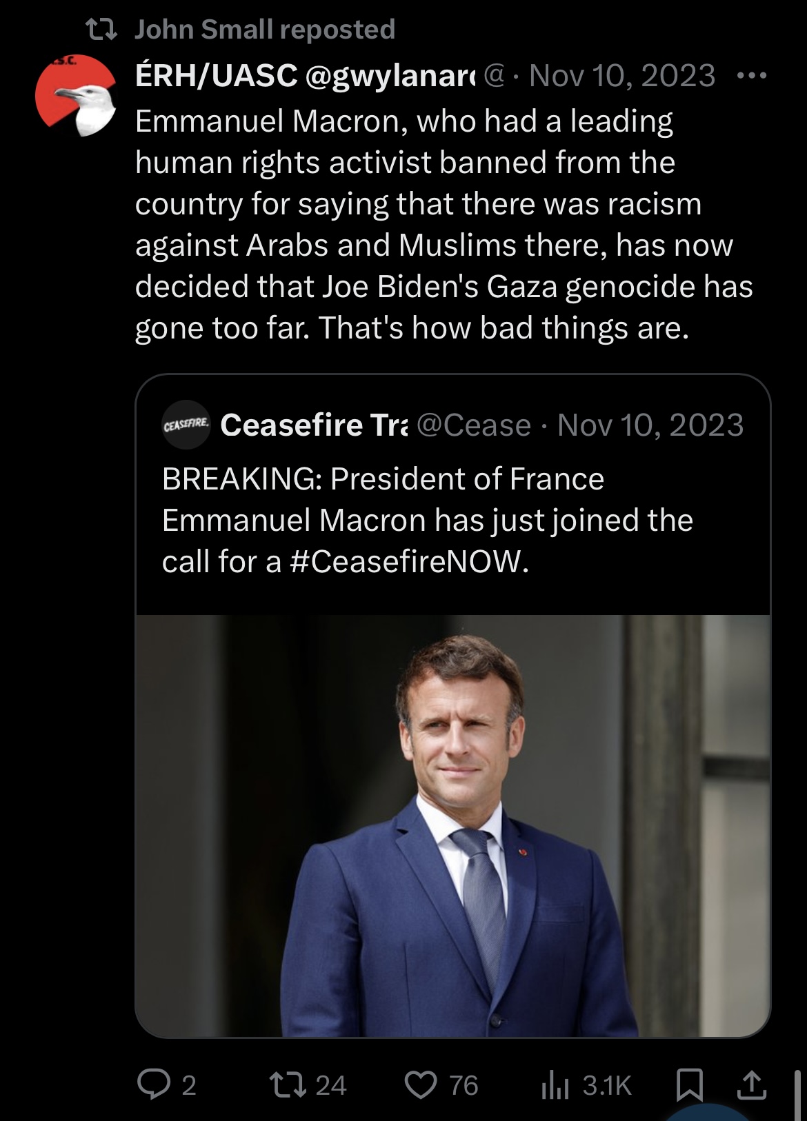 Remarks critical of Israel and Emmanuel Macron retweeted by John Small. 