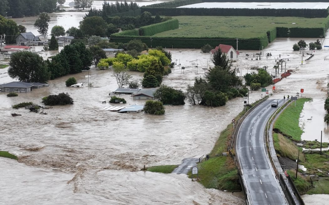 The Ngaruroro River in Hawke's Bay burst its banks near Omahu during Cyclone Gabrielle. Photo: Supplied / Dawson Bliss