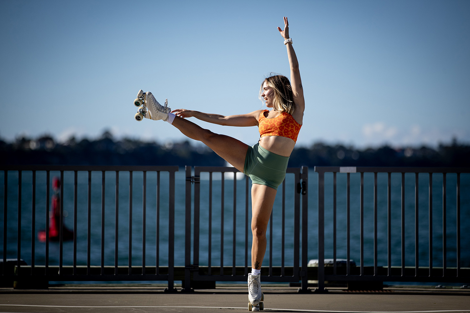 Macarena Carrascosa nails a high kick, standing on the toe of her gem-stoned roller skates. Photo / Dean Purcell