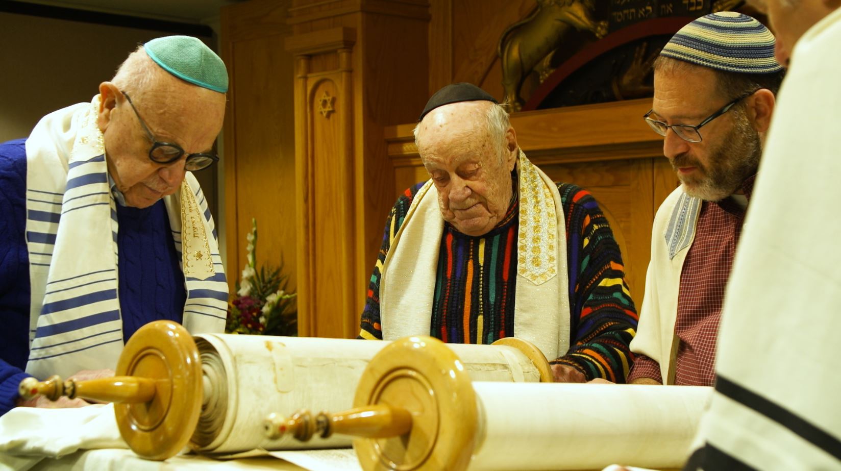 Morris Lebow, from left, Rabbi Howie Stein and Milt Eisner in Pittsburgh. Photo / Jon Gerberg