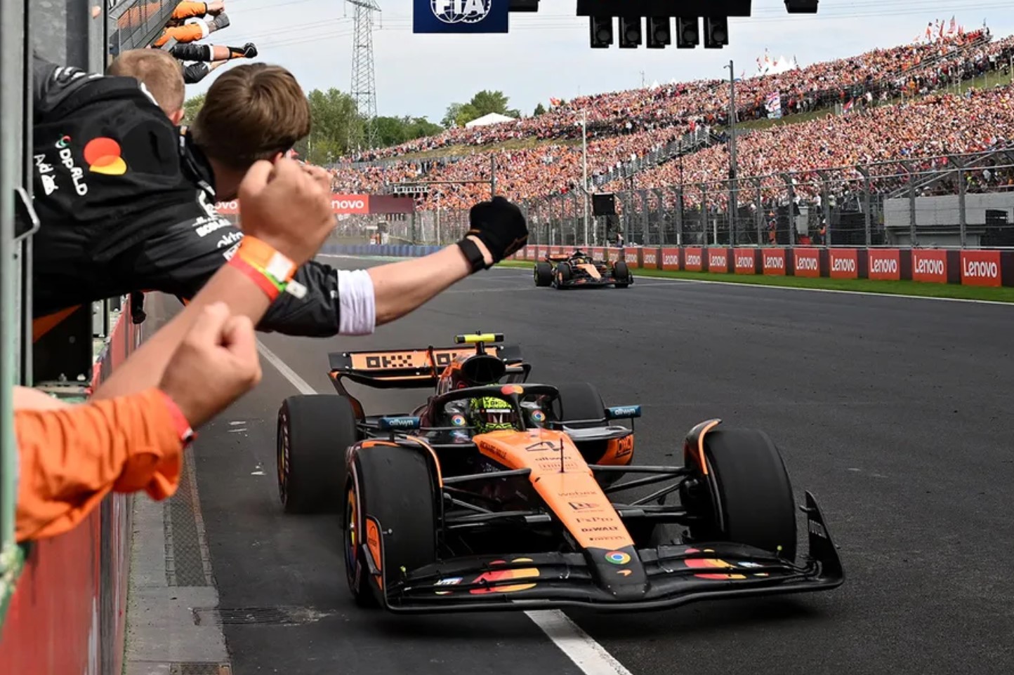 The McLaren racing team celebrates yet another 1-2 finish for their F1 drivers Lando Norris and Oscar Piastri. Photo / McLaren