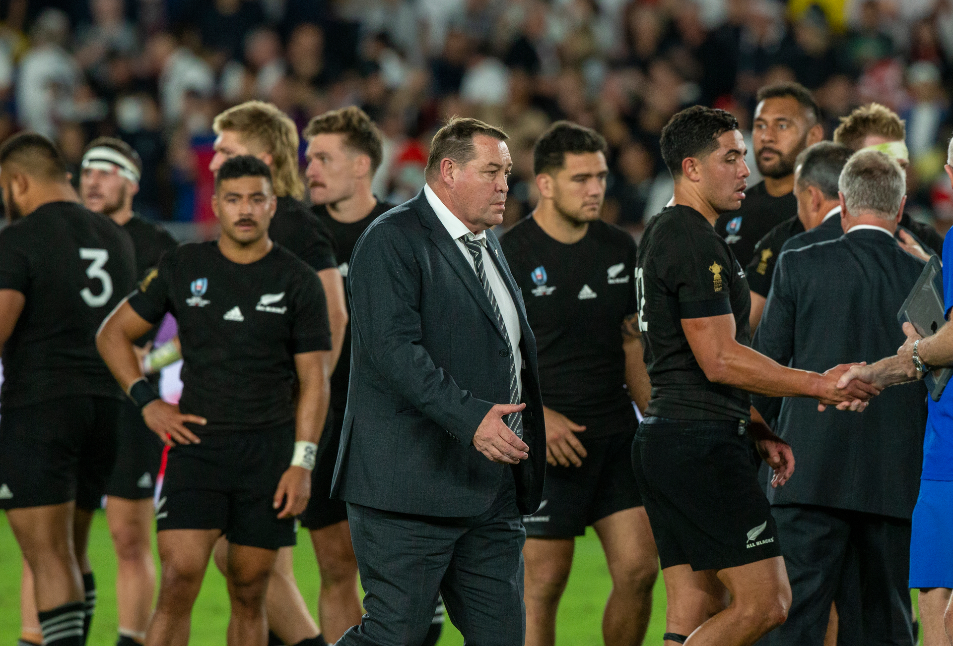 All Blacks coach Steve Hansen and the team after their devastating loss to England in the Rugby World Cup semi-final match at International Stadium Yokohama, Japan. Photo / Mark Mitchell.