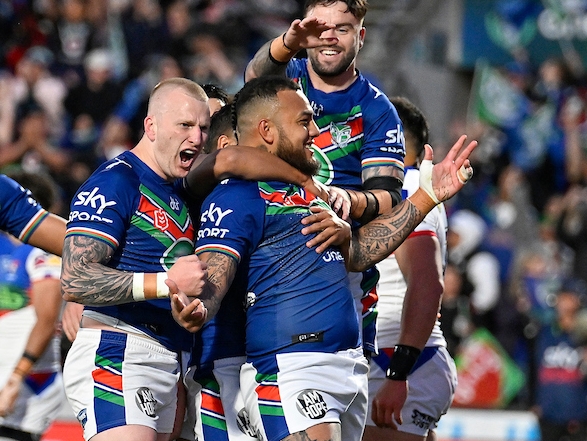 Addin Fonua-Blake of the Warriors celebrates a try. Photo / Photosport