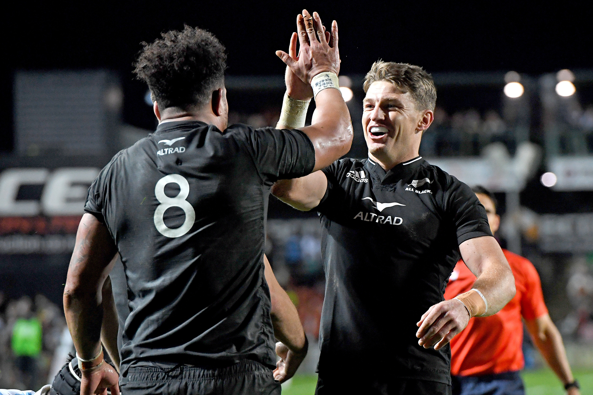 Ardie Savea and Beauden Barrett celebrate a try against Argentina. Photosport