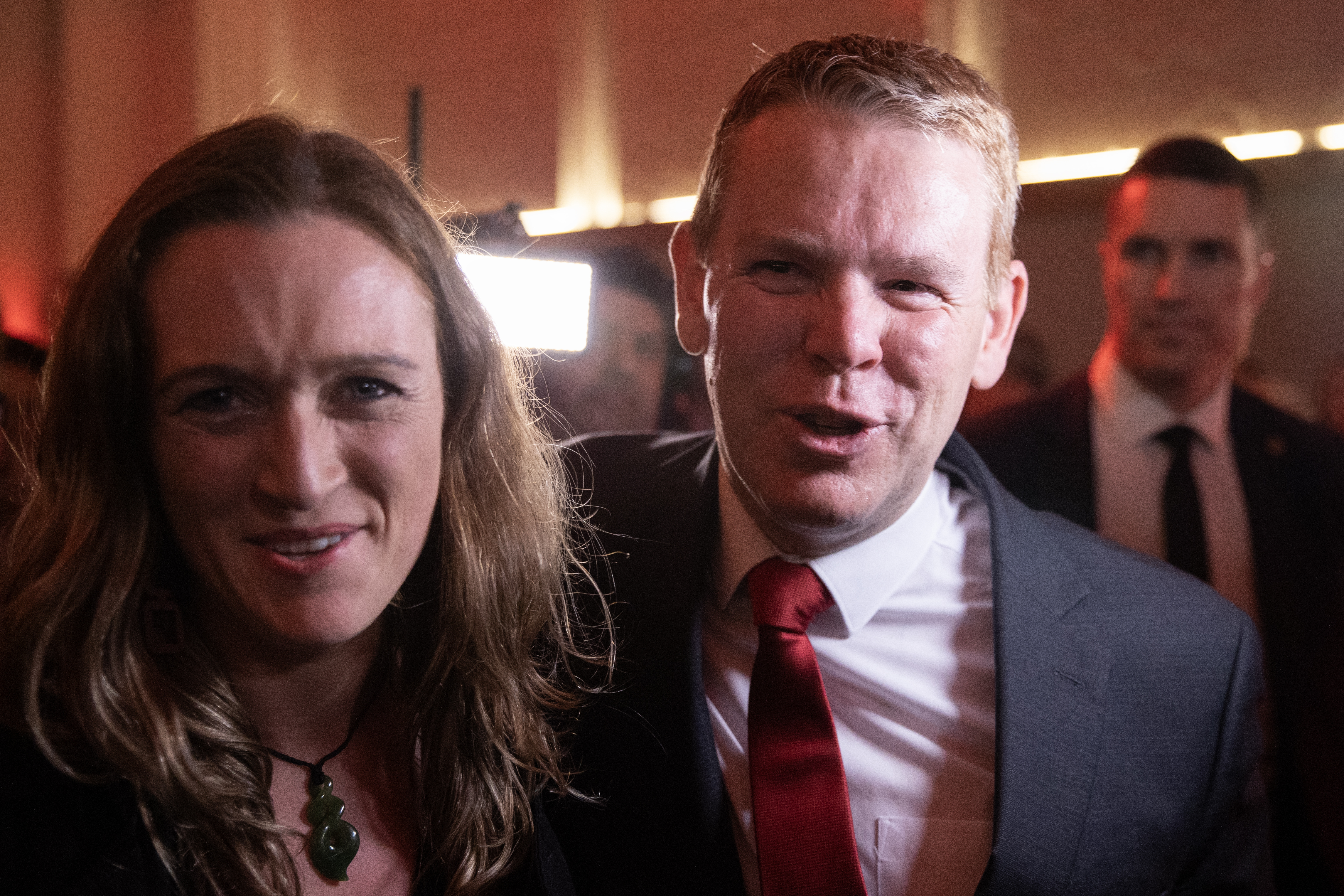 Chris Hipkins with partner Toni Grace after his speech on election night. Photo / George Heard