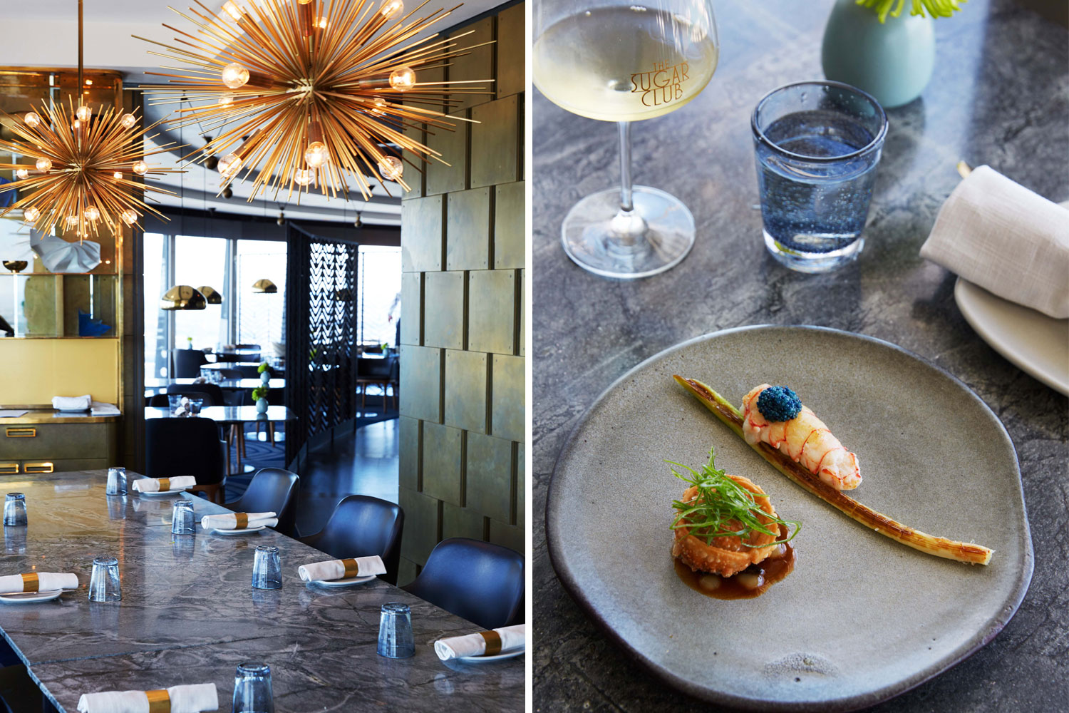 (From left) The interior of The Sugar Club restaurant; the recommended deep-fried scampi dumpling. Photos / Rebecca Zephyr Thomas 