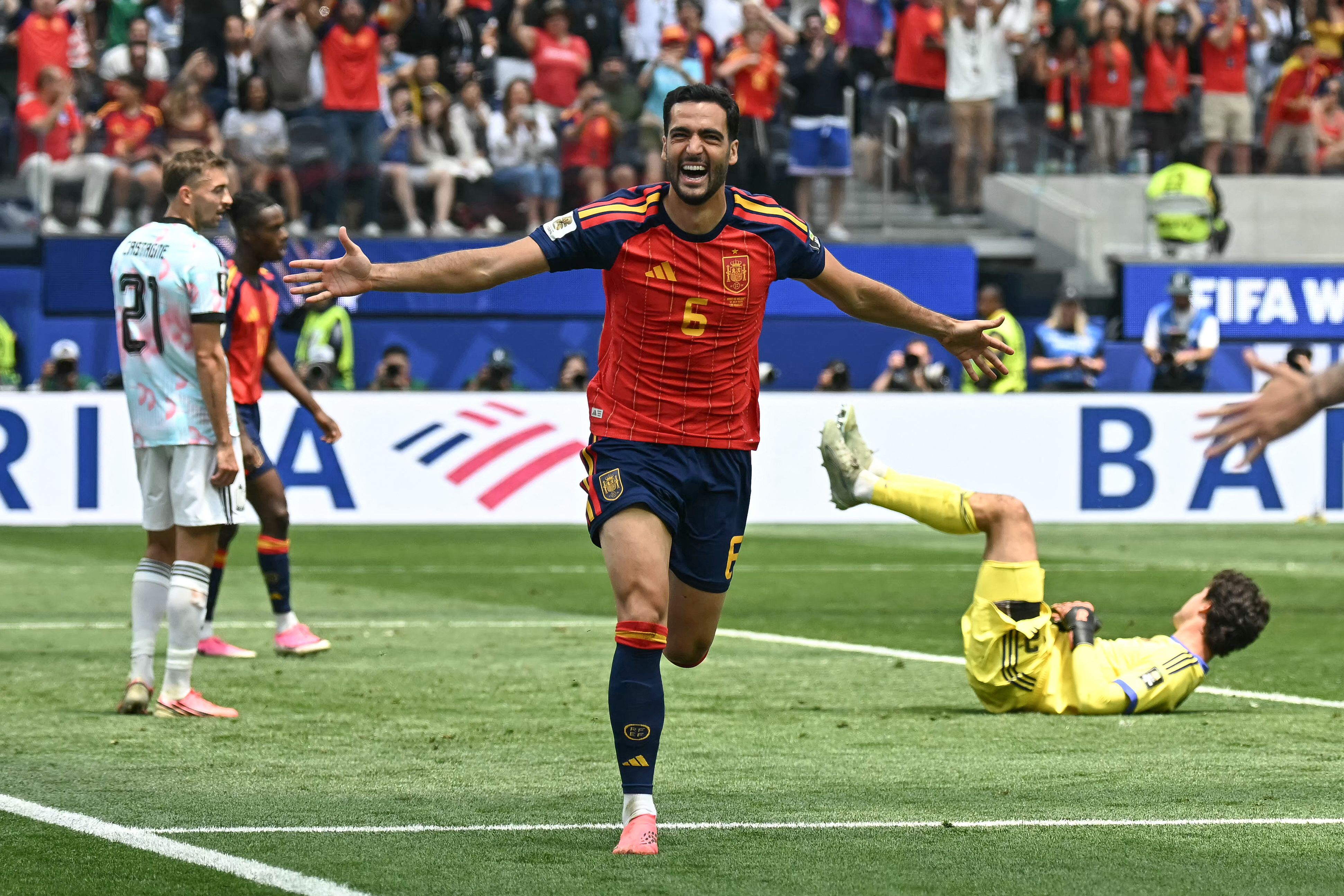 Spain's midfielder Mikel Merino scored the match-winner for the second game in a row. Photo / AFP