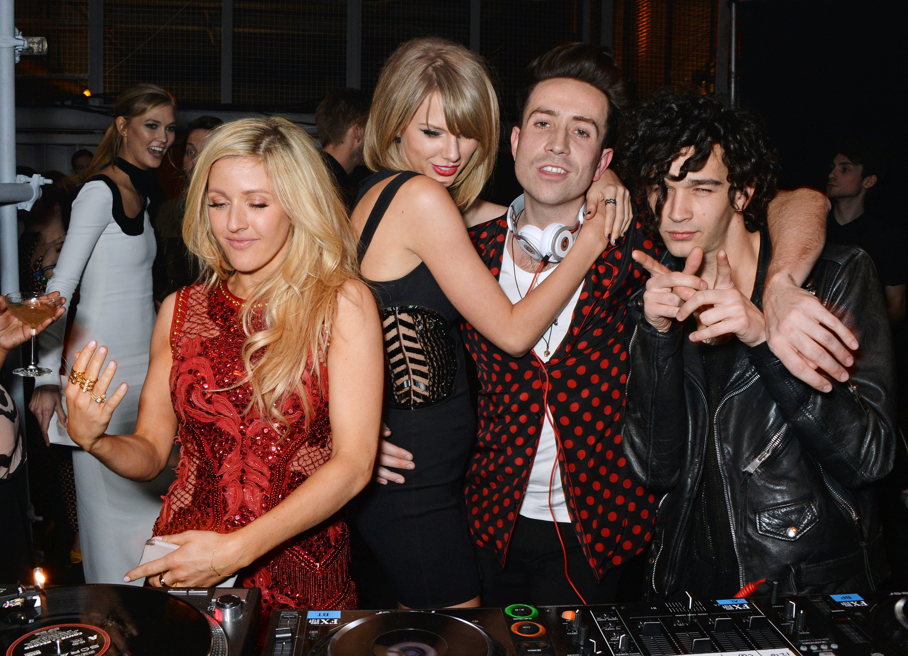 Karlie Kloss, Ellie Goulding, Taylor Swift, Nick Grimshaw and Matt Healy attend the Universal Music Brits party in 2015. Photo / Getty Images
