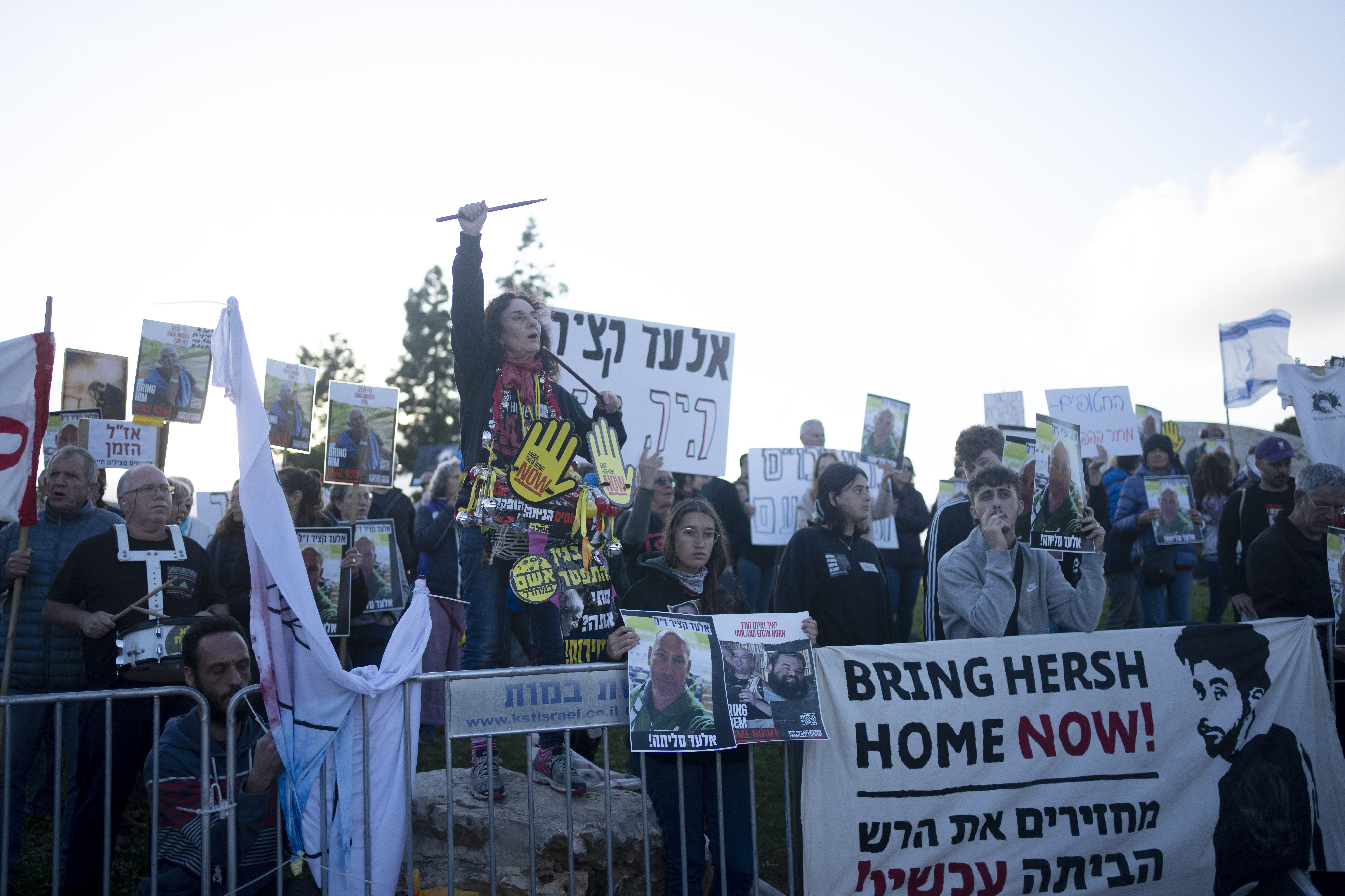 Relatives of hostages held in Gaza and their supporters protest outside of the Prime Minister's office to call for an immediate release of the captives. Photo / AP