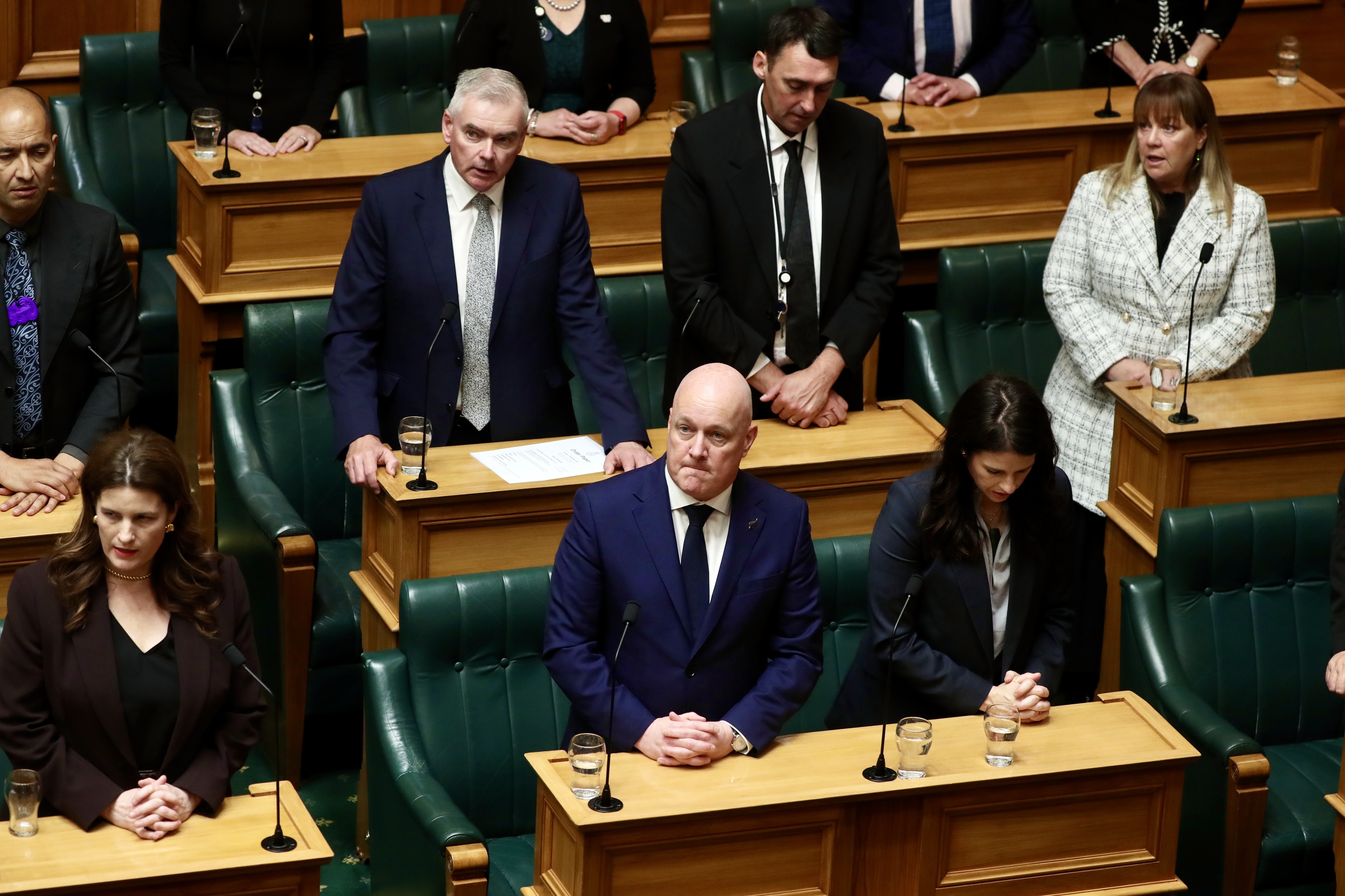 Prime Minister Christopher Luxon stands alongside minister Erica Stanford as the Government makes its formal apology for abuse in state and faith-based care. Photo / Mark Mitchell. 