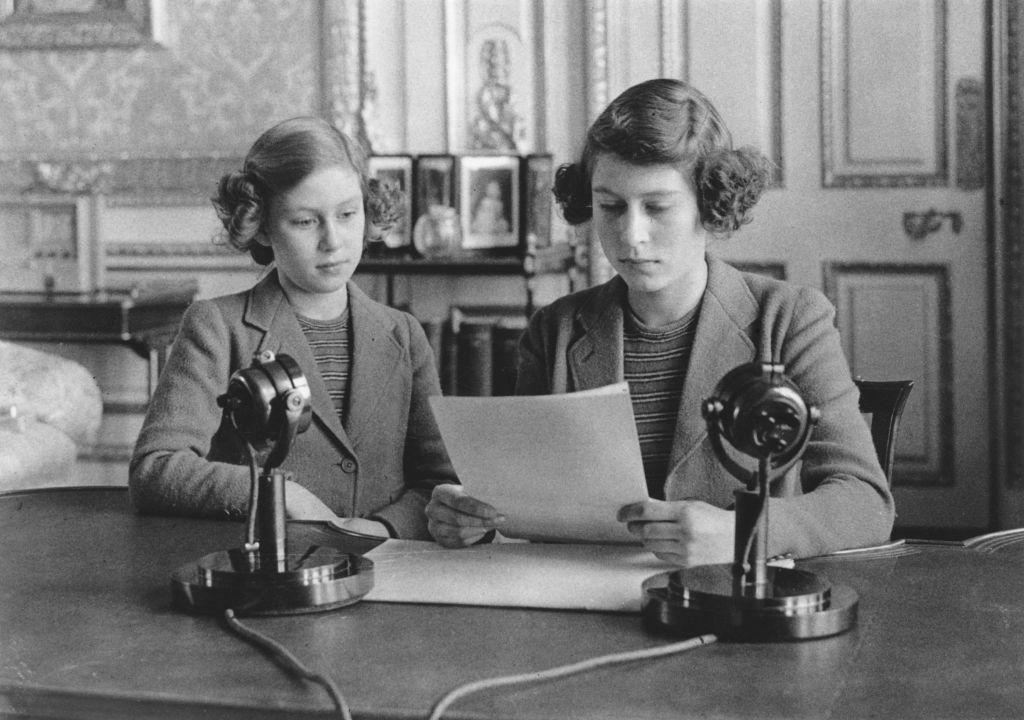 Princesses Elizabeth and Margaret, left, making a broadcast to the children of the Empire during World War II in 1940. Photo / Getty Images