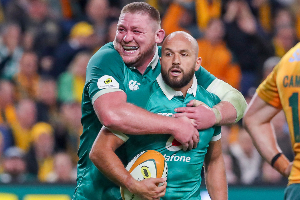 Jamison Gibson-Park and Tadhg Furlong celebrate Ireland's win over the Wallabies. Photo / Photosport