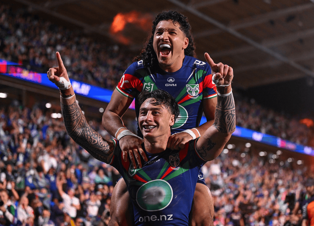 Warriors stars Charnze Nicoll-Klokstad and Dallin Watene-Zelezniak celebrate another high-flying try for the Auckland-based club. Heather du Plessis-Allan has won New Zealand's premier radio broadcasting award for the second straight year. Photos / Photosport, Annaleise Shortland